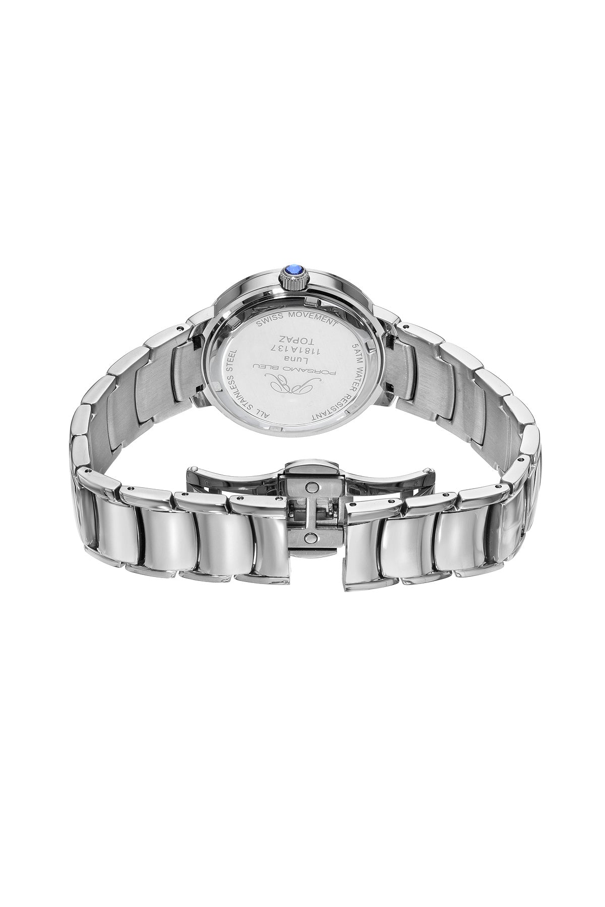 Porsamo Bleu Luna Luxury Topaz Women's Stainless Steel Watch, Silver, White With Flinque Guilloche Dial 1181ALUS