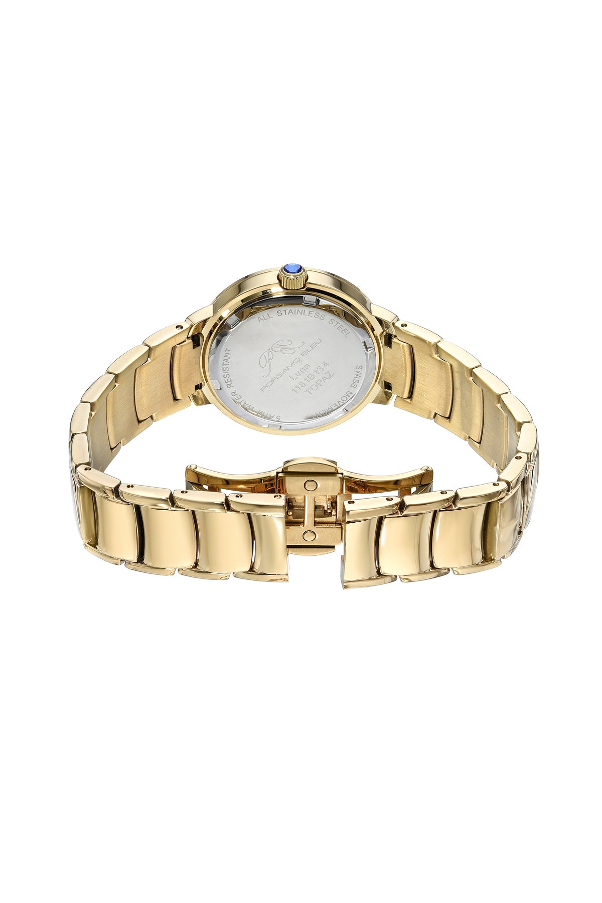 Porsamo Bleu Luna Luxury Topaz Women's Stainless Steel Watch, Gold, White With Flinque Guilloche Dial 1181BLUS