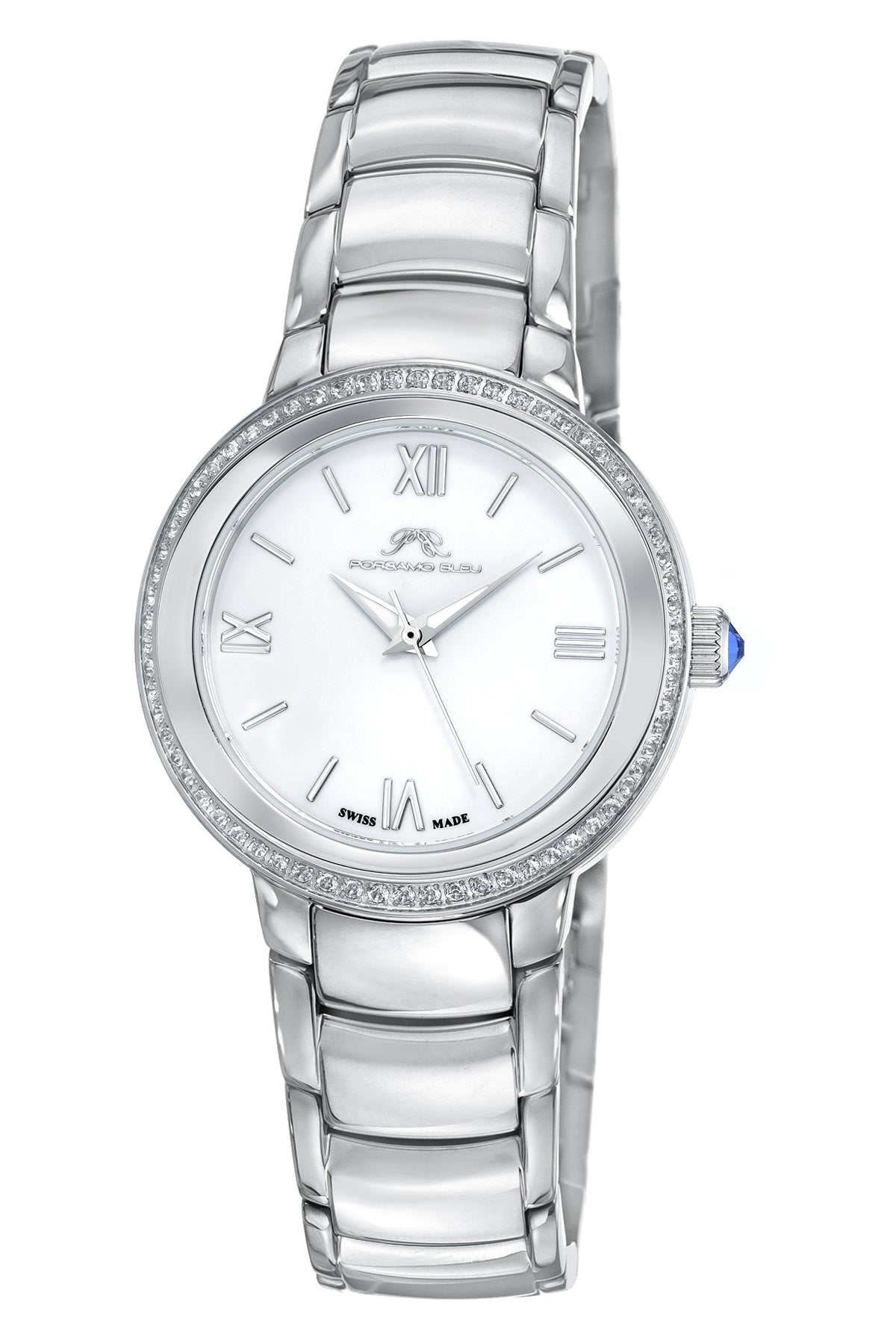 Porsamo Bleu Luna Luxury Topaz Women's Stainless Steel Watch, Silver, White Enamel Dial 1181ELUS