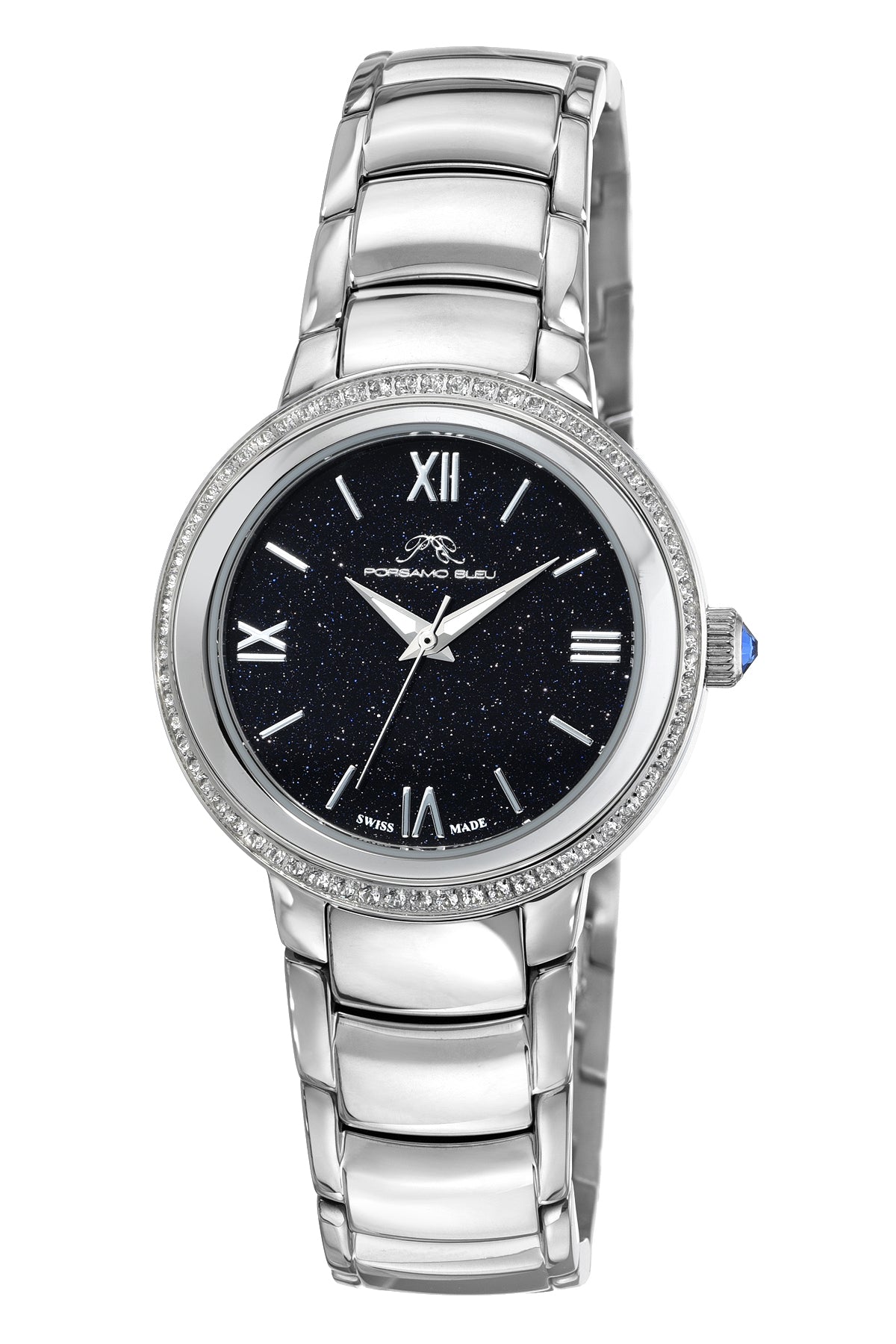 Porsamo Bleu Luna Luxury Topaz Women's Stainless Steel Watch, Silver, Blue Sandstone Dial 1181GLUS
