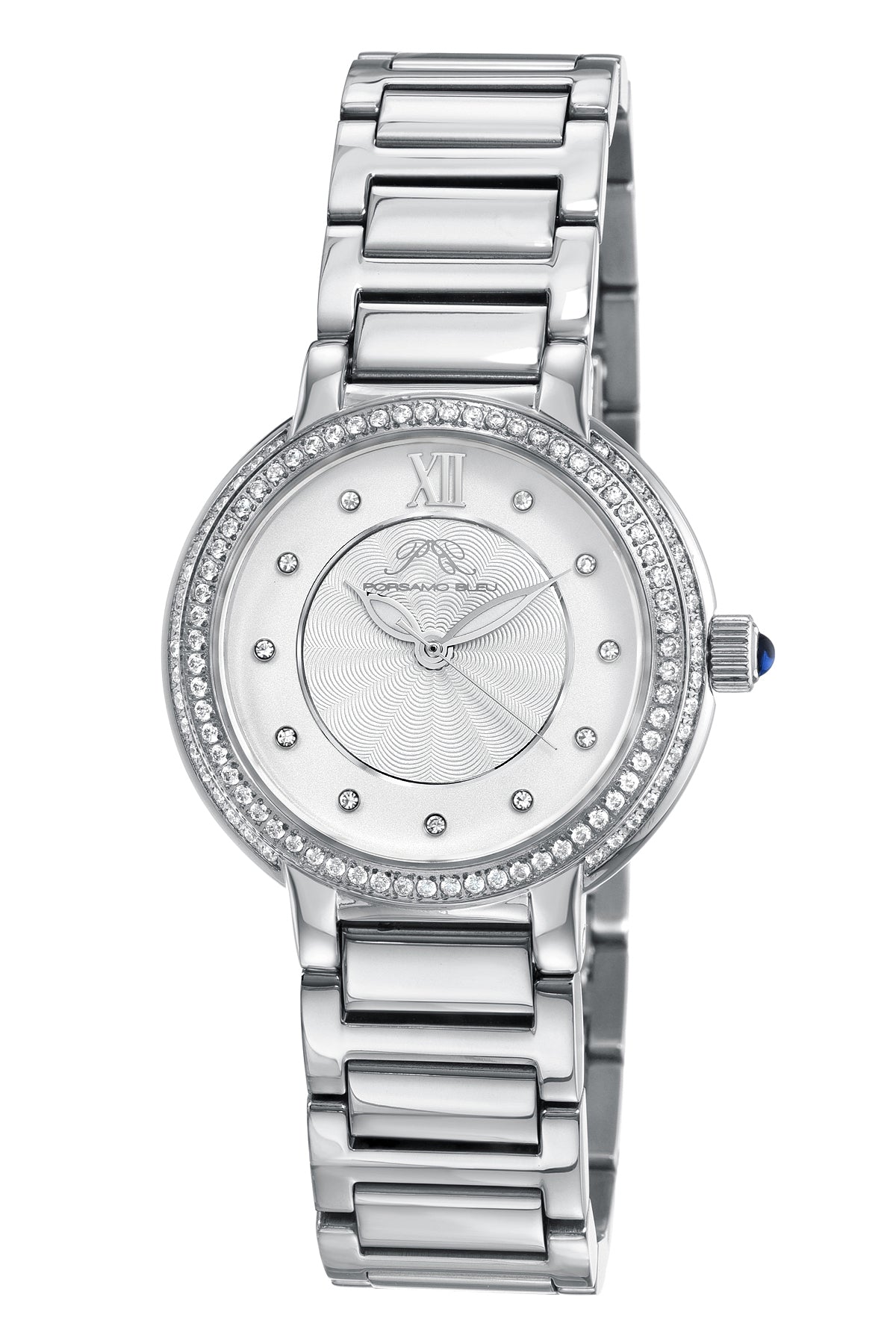 Porsamo Bleu Stella Luxury Crystal Womens Stainless Steel Watch, Silver With Guilloche And Sunray Dial 1191ASTS