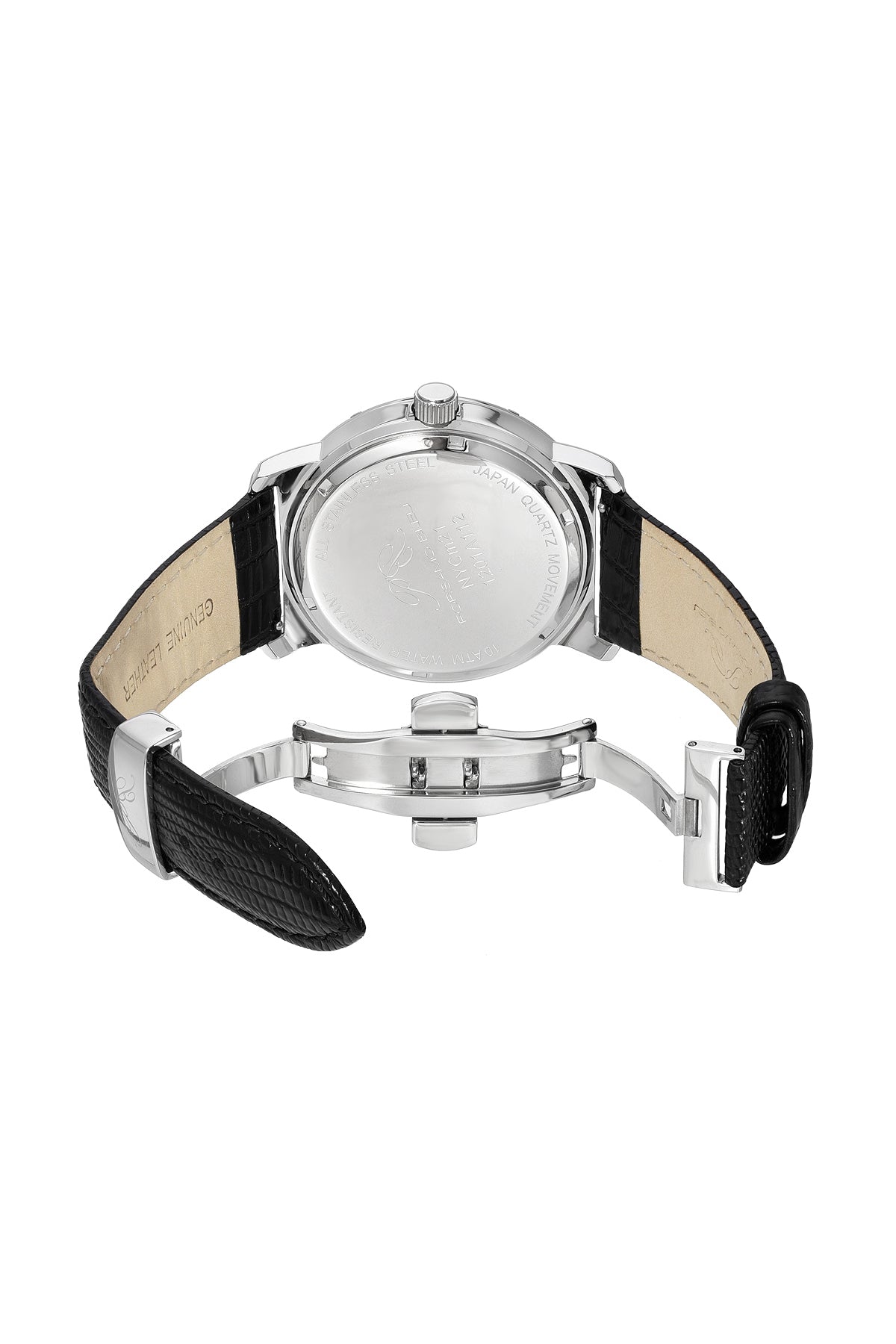 Porsamo Bleu Nycm21 Luxury Moon Phase Mens Genuine Leather Band Watch, Silver, Black With White Guilloche Dial 1201ANYL