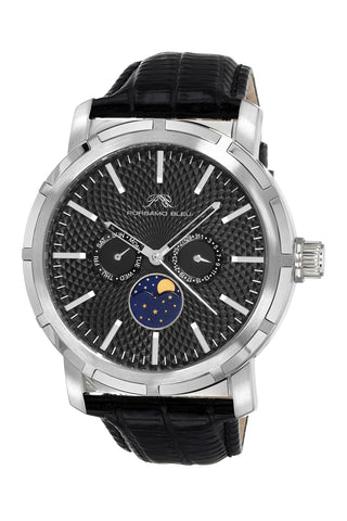 Porsamo Bleu Nycm21 Luxury Moon Phase Mens Genuine Leather Band Watch, Silver, Black With Black Guilloche Dial 1201BNYL
