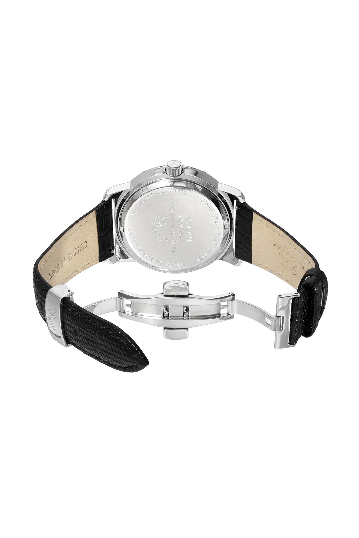 Porsamo Bleu Nycm21 Luxury Moon Phase Mens Genuine Leather Band Watch, Silver, Black With Black Guilloche Dial 1201BNYL
