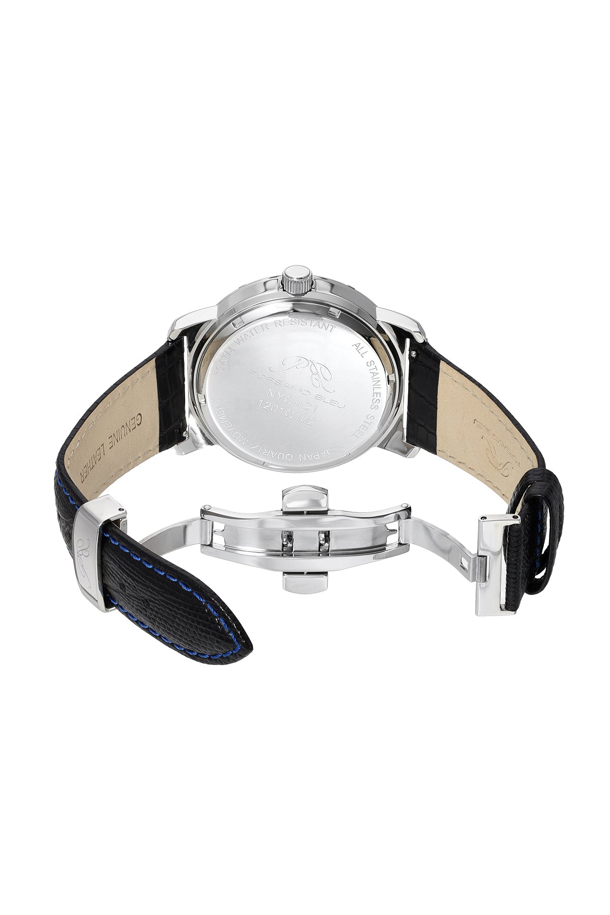 Porsamo Bleu Nycm21 Luxury Moon Phase Mens Genuine Leather Band Watch, Silver, Black With Blue Guilloche Dial 1201CNYL