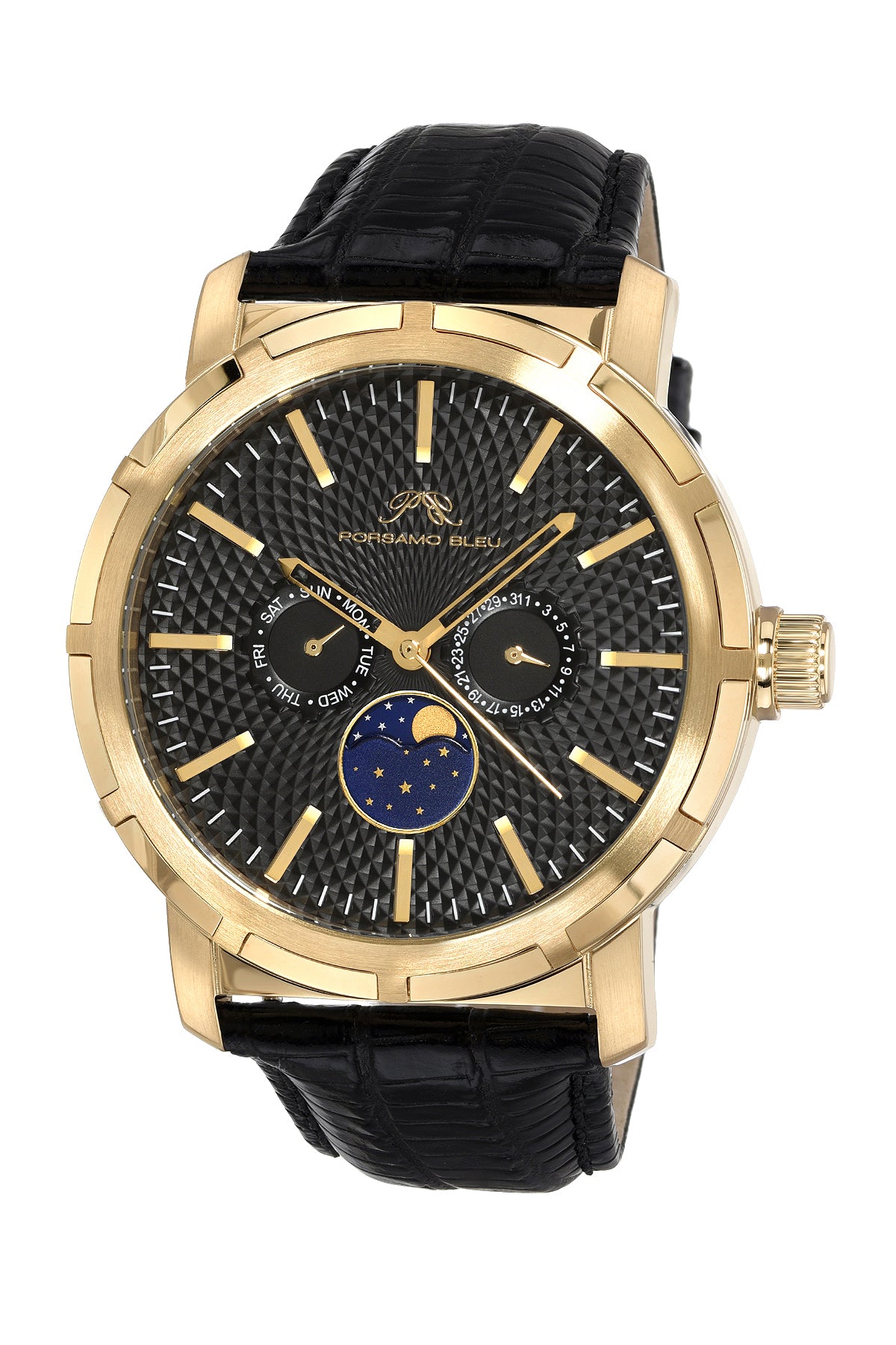 Porsamo Bleu Nycm21 Luxury Moon Phase Mens Genuine Leather Band Watch, Gold, Black With Blue Guilloche Dial 1201DNYL