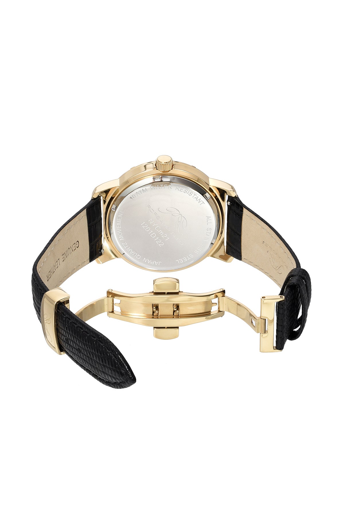 Porsamo Bleu Nycm21 Luxury Moon Phase Mens Genuine Leather Band Watch, Gold, Black With Blue Guilloche Dial 1201DNYL