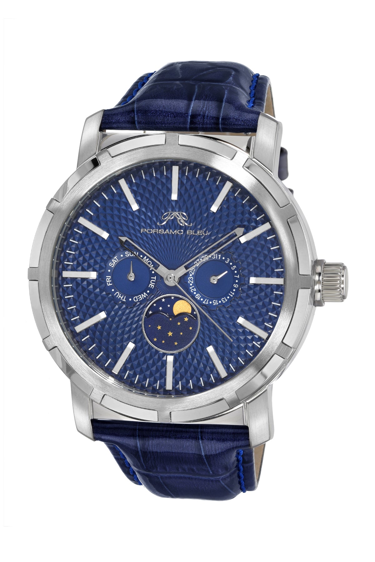 Porsamo Bleu Nycm21 Luxury Moon Phase Mens Genuine Leather Band Watch, Silver With Blue Guilloche Dial 1202ANYL
