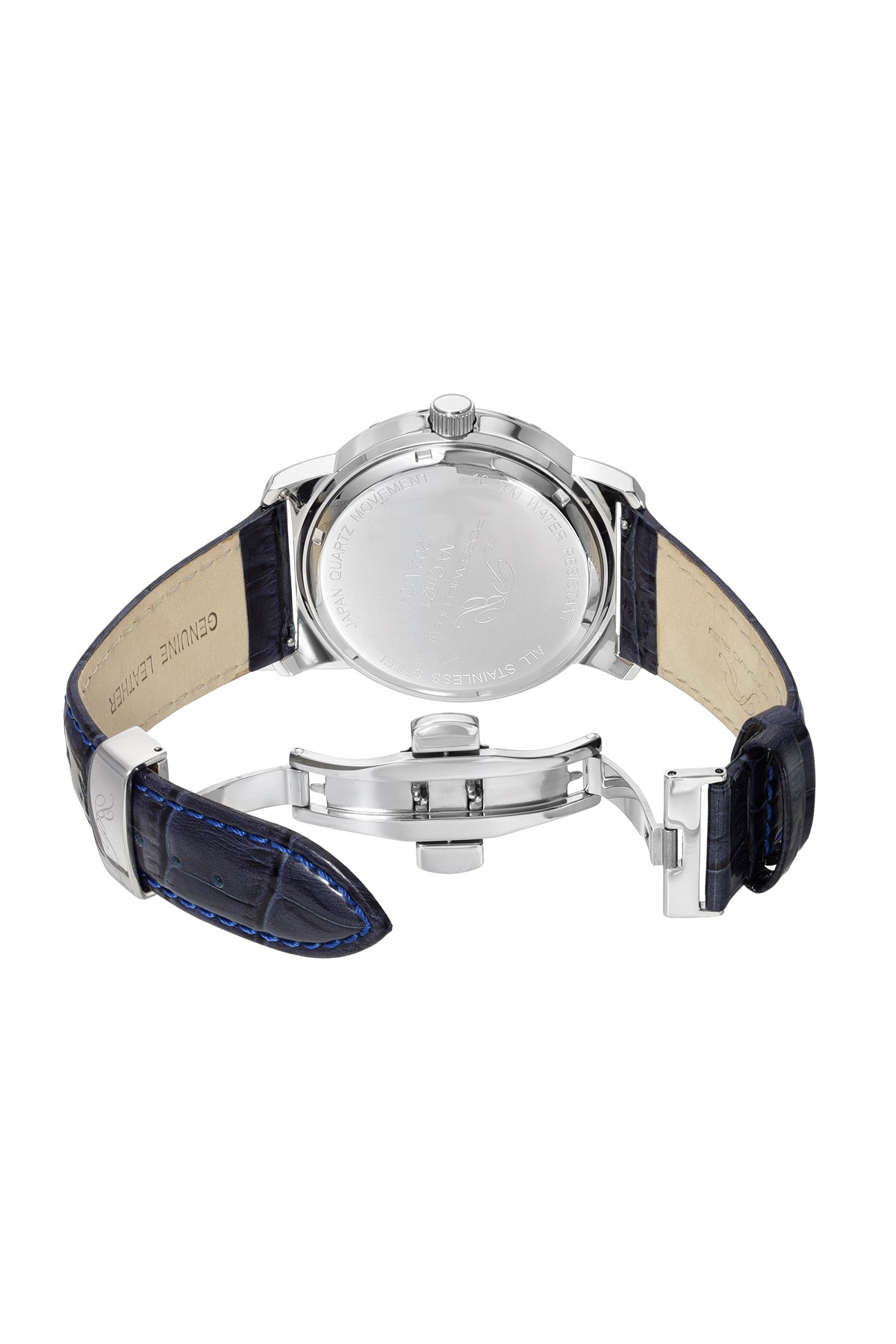 Porsamo Bleu Nycm21 Luxury Moon Phase Mens Genuine Leather Band Watch, Silver With Blue Guilloche Dial 1202ANYL