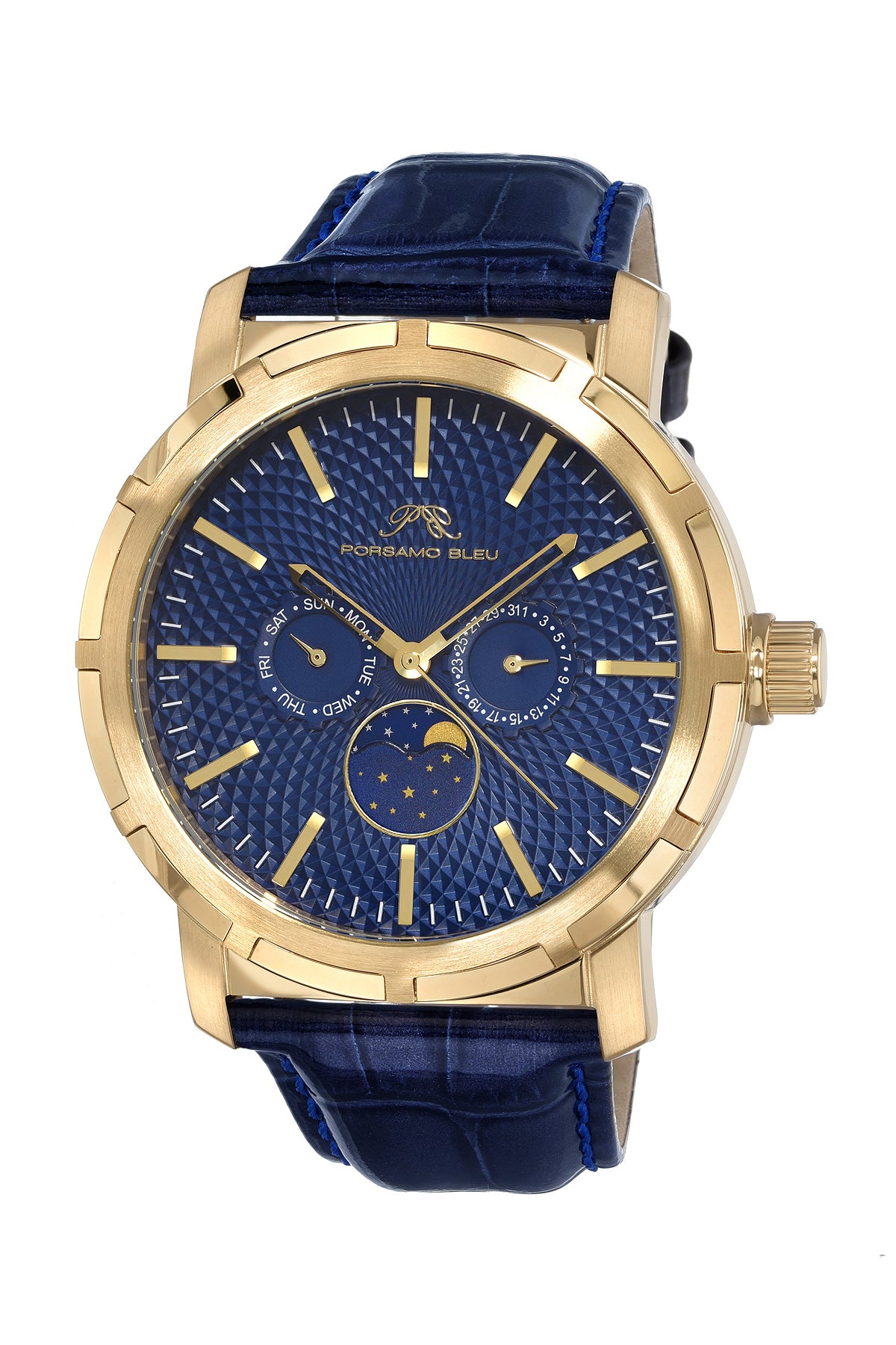 Porsamo Bleu Nycm21 Luxury Moon Phase Mens Genuine Leather Band Watch, Gold With Blue Guilloche Dial 1202BNYL