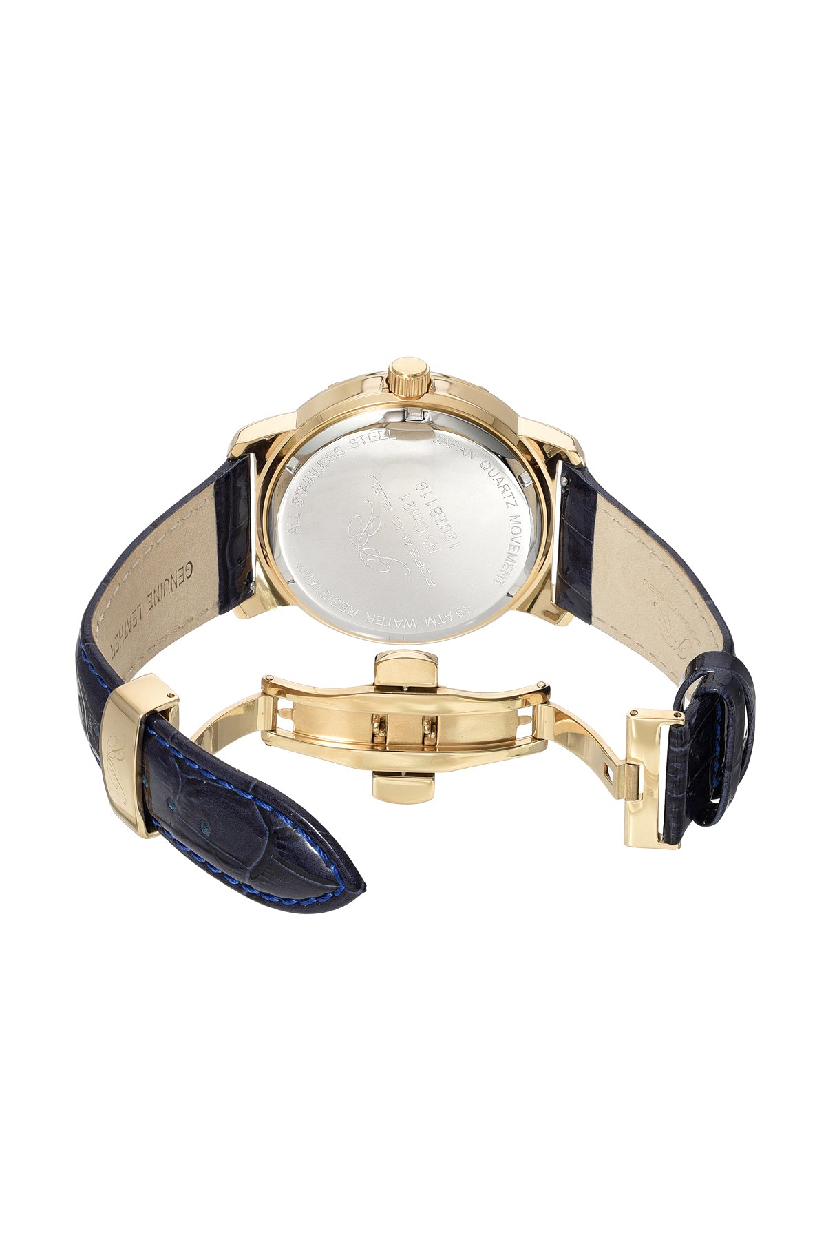 Porsamo Bleu Nycm21 Luxury Moon Phase Mens Genuine Leather Band Watch, Gold With Blue Guilloche Dial 1202BNYL