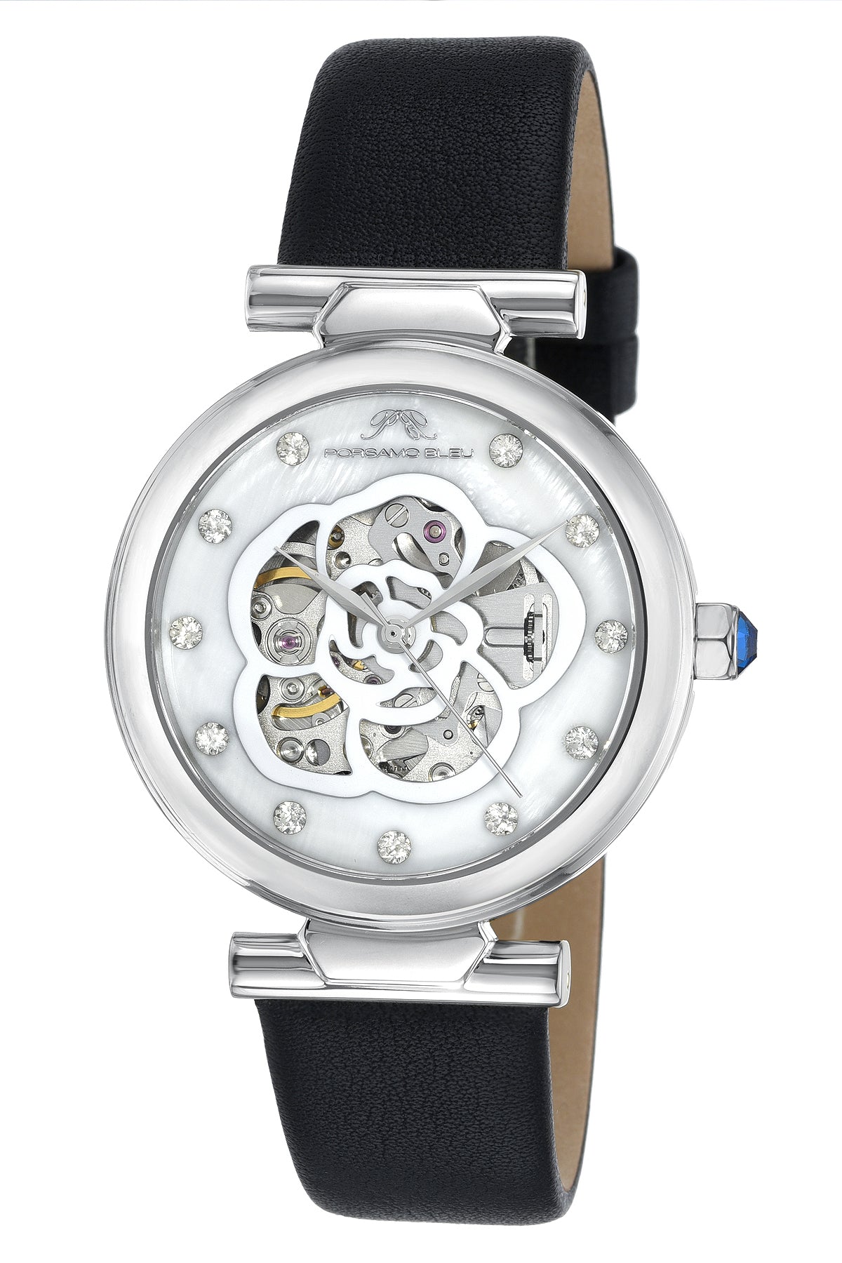 Porsamo Bleu Laura Luxury Automatic Topaz Women's Genuine Leather Band Watch, With Mother Of Pearl Skeleton Dial, Silver, Black 1211ALAL