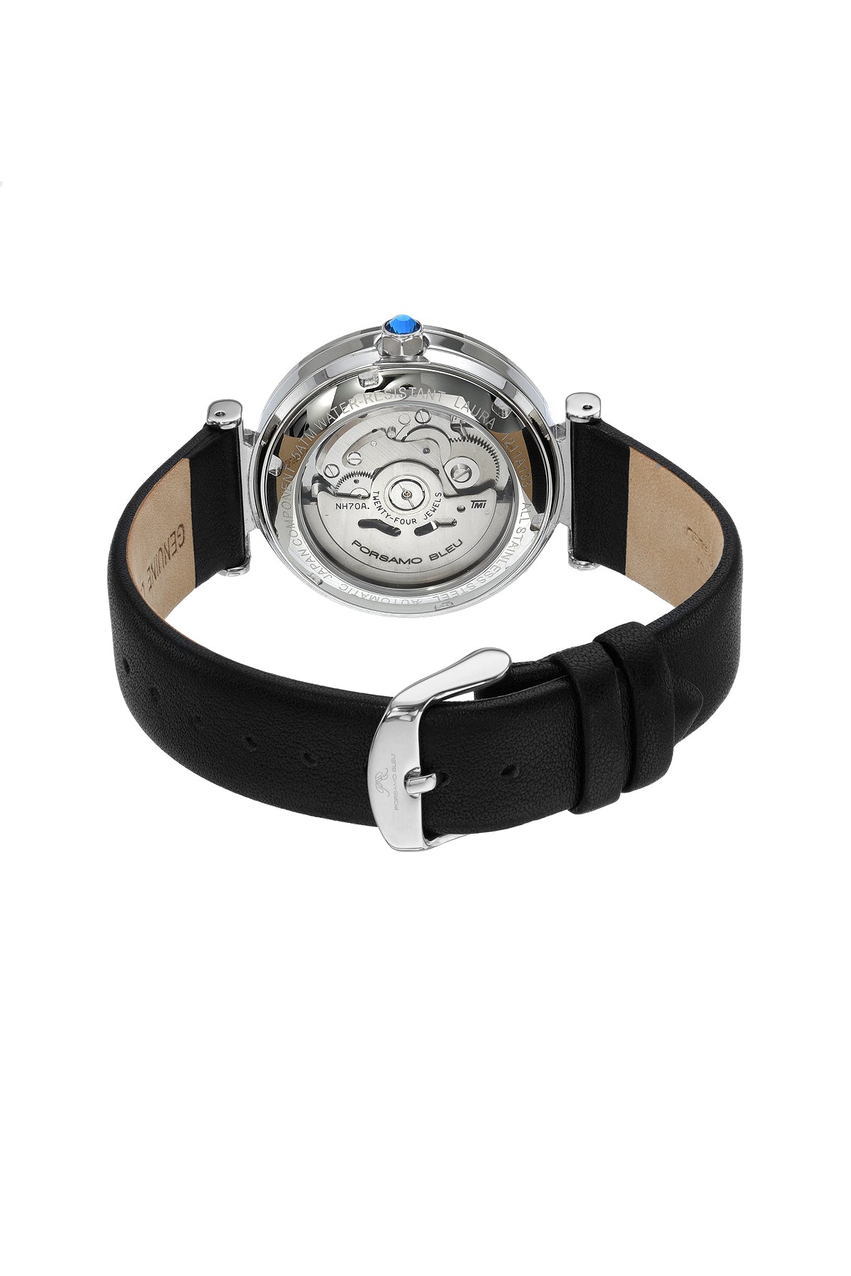 Porsamo Bleu Laura Luxury Automatic Topaz Women's Genuine Leather Band Watch, With Mother Of Pearl Skeleton Dial, Silver, Black 1211ALAL