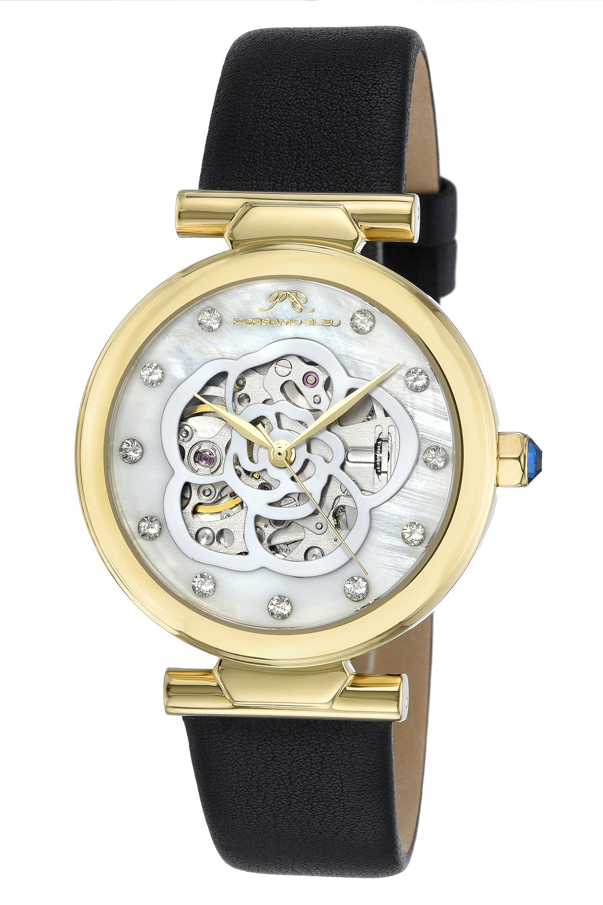 Porsamo Bleu Laura Luxury Automatic Topaz Women's Genuine Leather Band Watch, With Mother Of Pearl Skeleton Dial, Gold, Black 1211BLAL