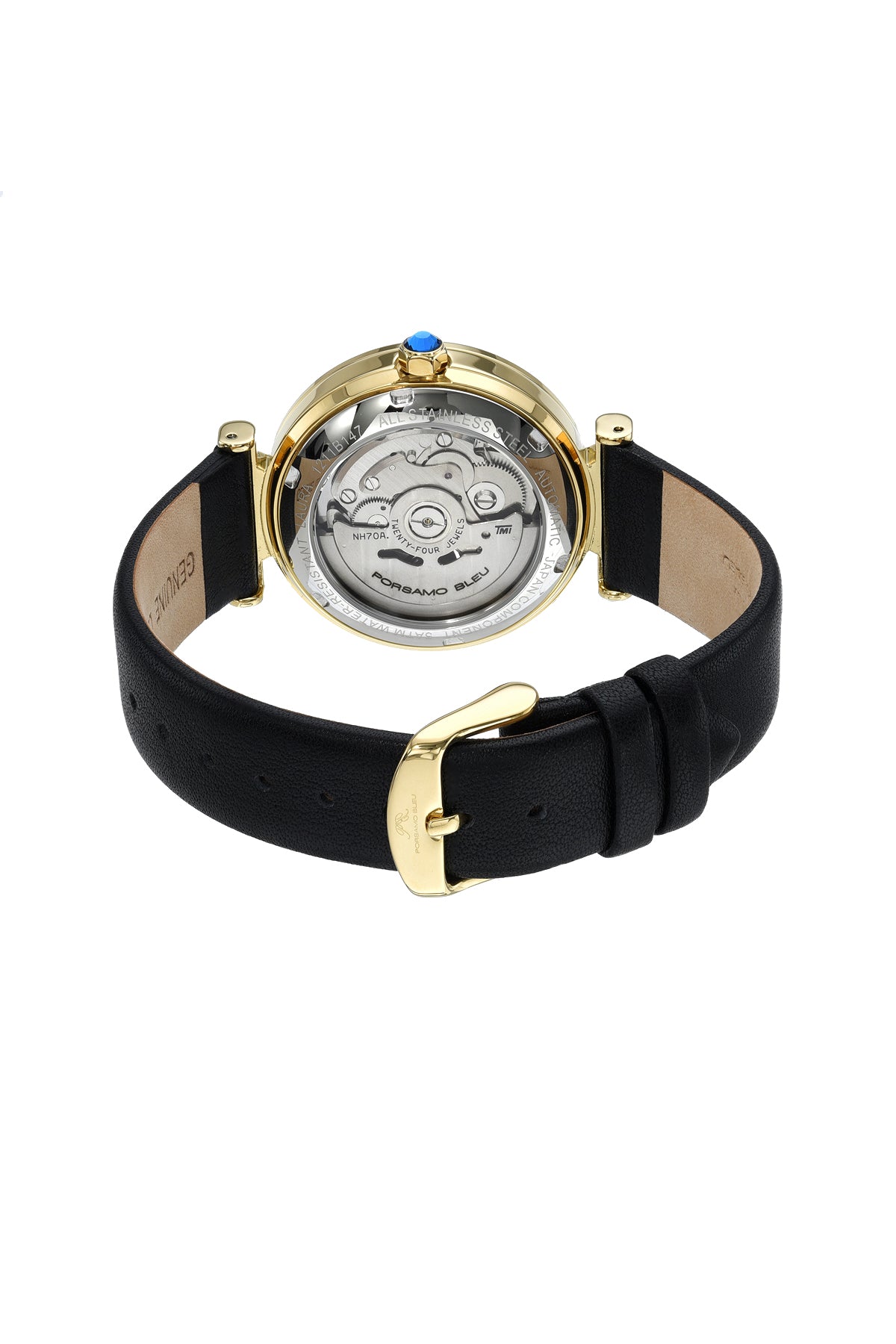 Porsamo Bleu Laura Luxury Automatic Topaz Women's Genuine Leather Band Watch, With Mother Of Pearl Skeleton Dial, Gold, Black 1211BLAL