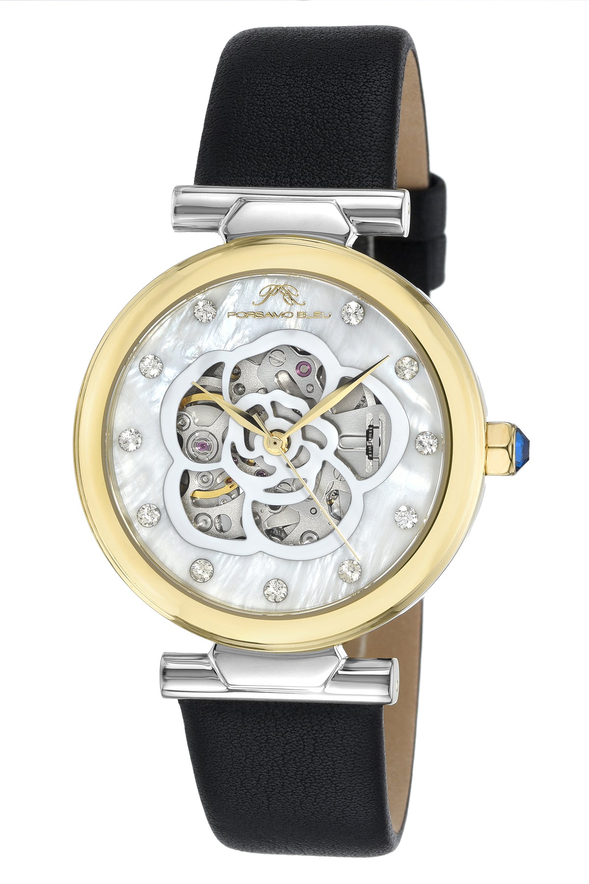 Porsamo Bleu Laura Luxury Automatic Topaz Women's Genuine Leather Band Watch, With Mother Of Pearl Skeleton Dial, Two Tone, Black 1211CLAL