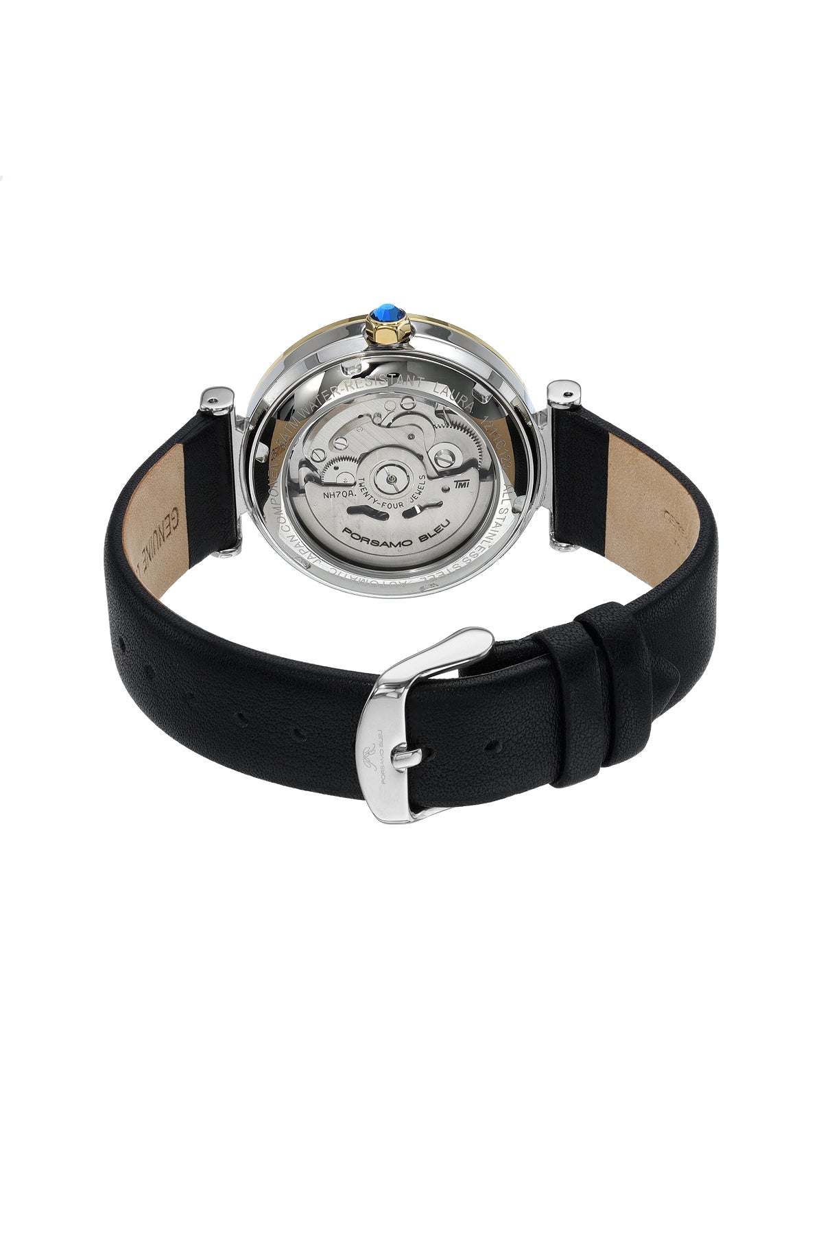Porsamo Bleu Laura Luxury Automatic Topaz Women's Genuine Leather Band Watch, With Mother Of Pearl Skeleton Dial, Two Tone, Black 1211CLAL