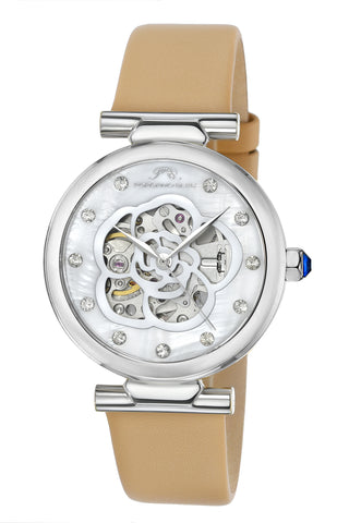 Porsamo Bleu Laura Luxury Automatic Topaz Women's Genuine Leather Band Watch, With Mother Of Pearl Skeleton Dial, Silver, Beige 1212ALAL