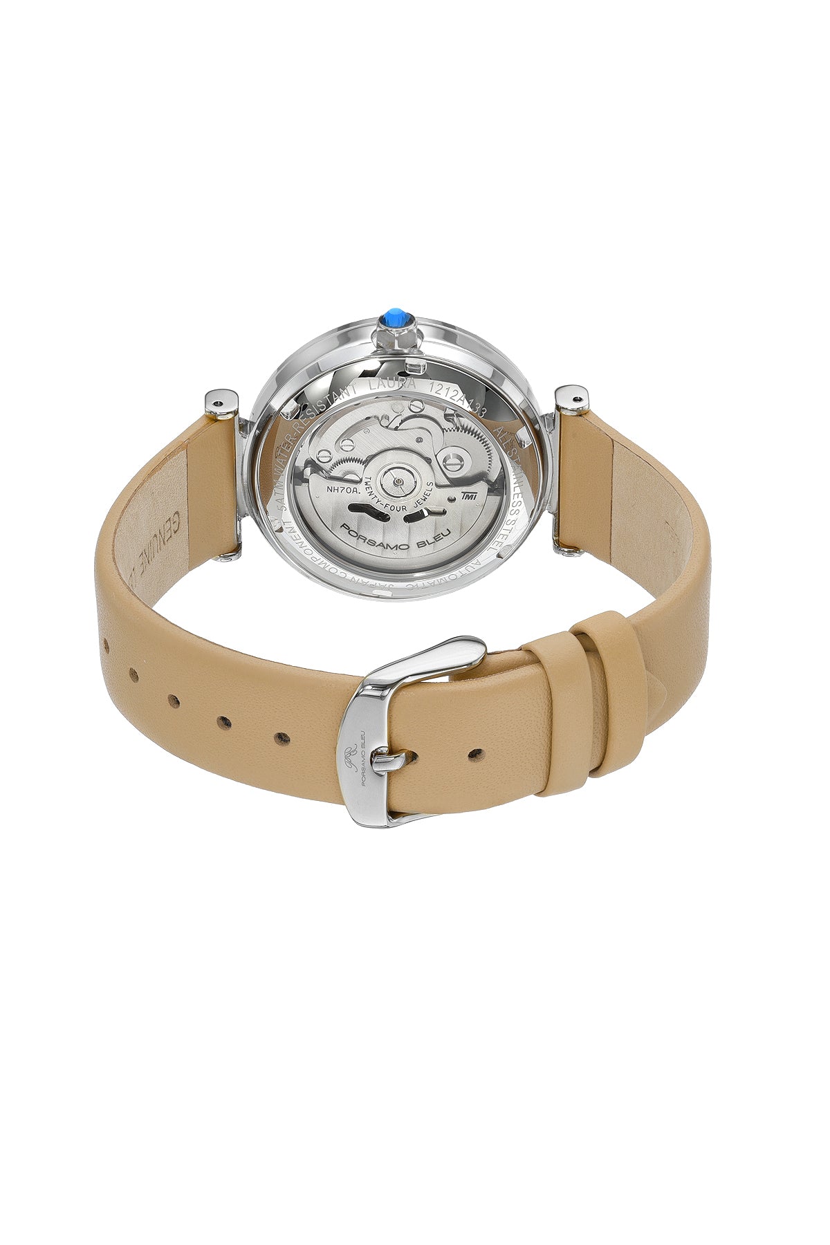 Porsamo Bleu Laura Luxury Automatic Topaz Women's Genuine Leather Band Watch, With Mother Of Pearl Skeleton Dial, Silver, Beige 1212ALAL