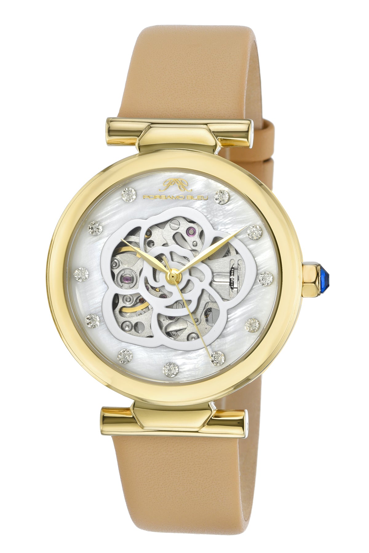 Porsamo Bleu Laura Luxury Automatic Topaz Women's Genuine Leather Band Watch, With Mother Of Pearl Skeleton Dial, Gold, Beige 1212BLAL