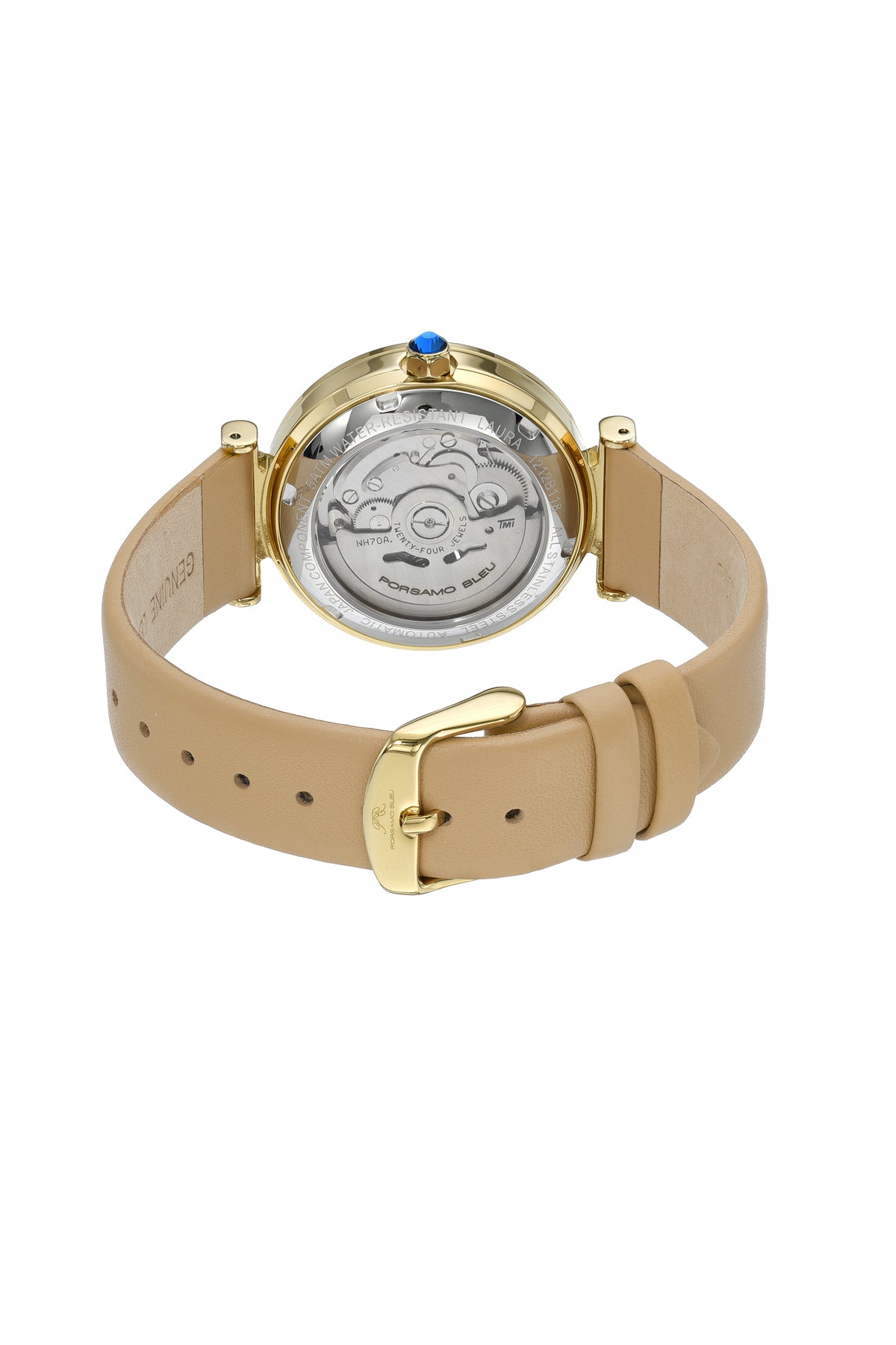 Porsamo Bleu Laura Luxury Automatic Topaz Women's Genuine Leather Band Watch, With Mother Of Pearl Skeleton Dial, Gold, Beige 1212BLAL