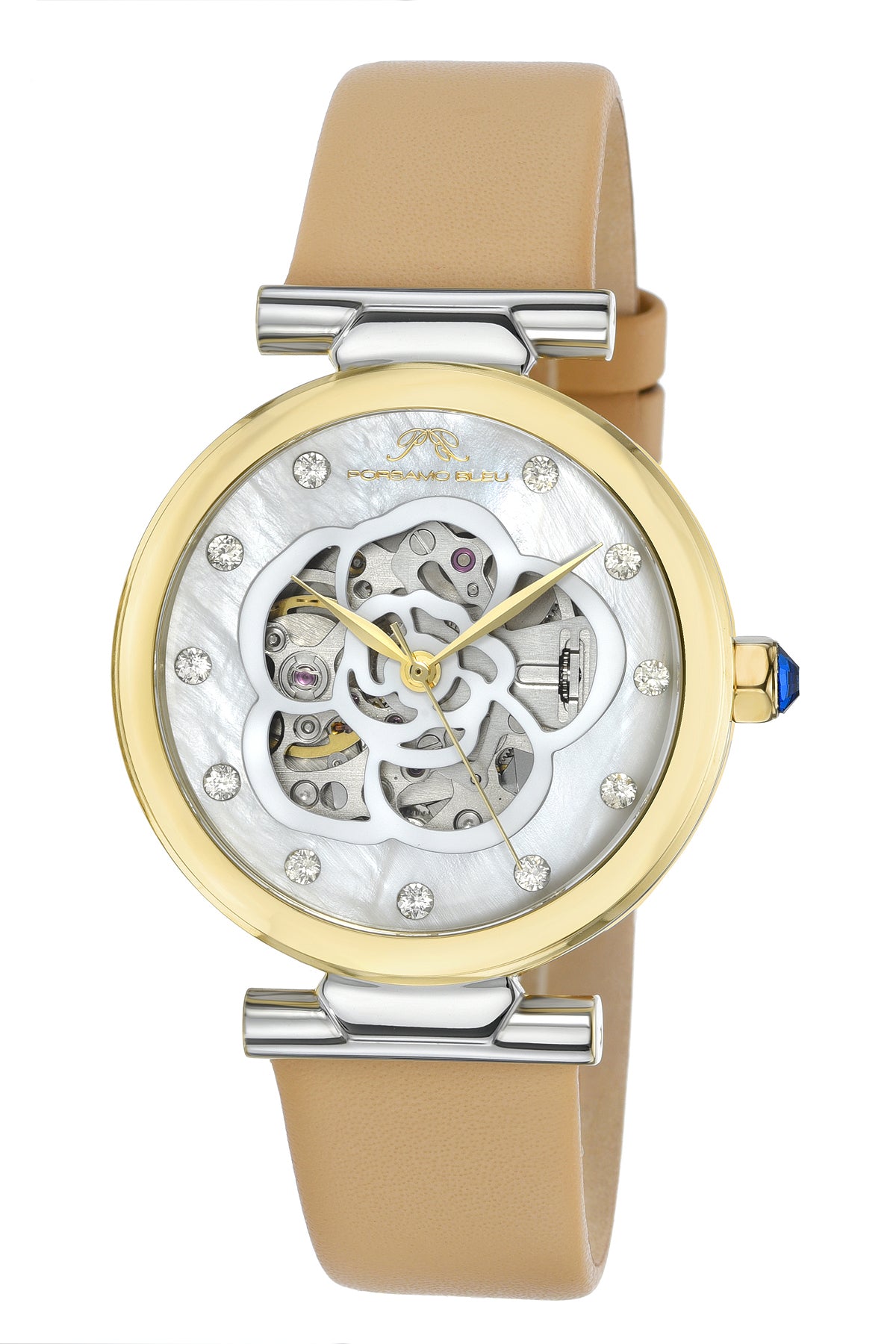 Porsamo Bleu Laura Luxury Automatic Topaz Women's Genuine Leather Band Watch, With Mother Of Pearl Skeleton Dial, Two Tone, Beige 1212CLAL