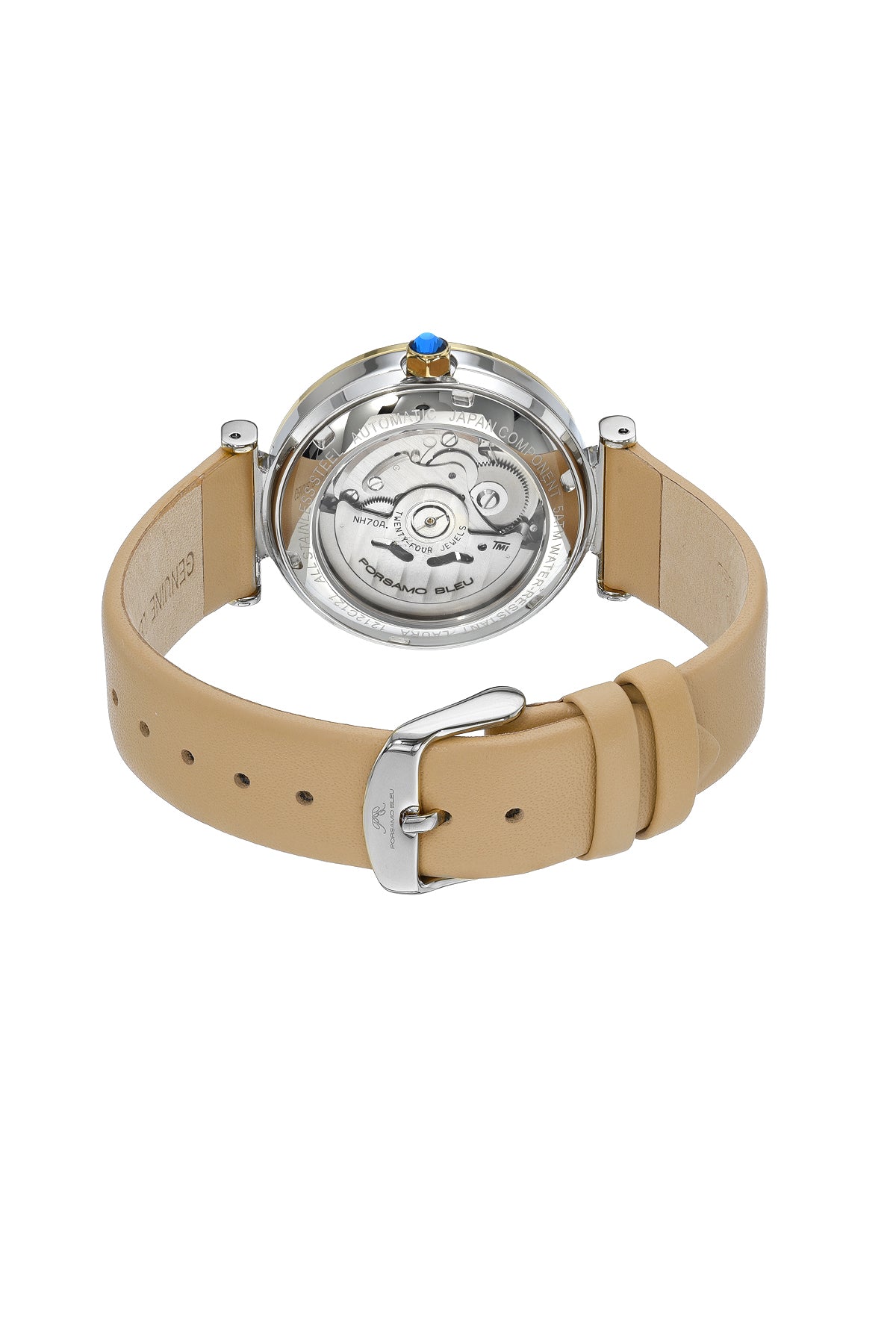Porsamo Bleu Laura Luxury Automatic Topaz Women's Genuine Leather Band Watch, With Mother Of Pearl Skeleton Dial, Two Tone, Beige 1212CLAL