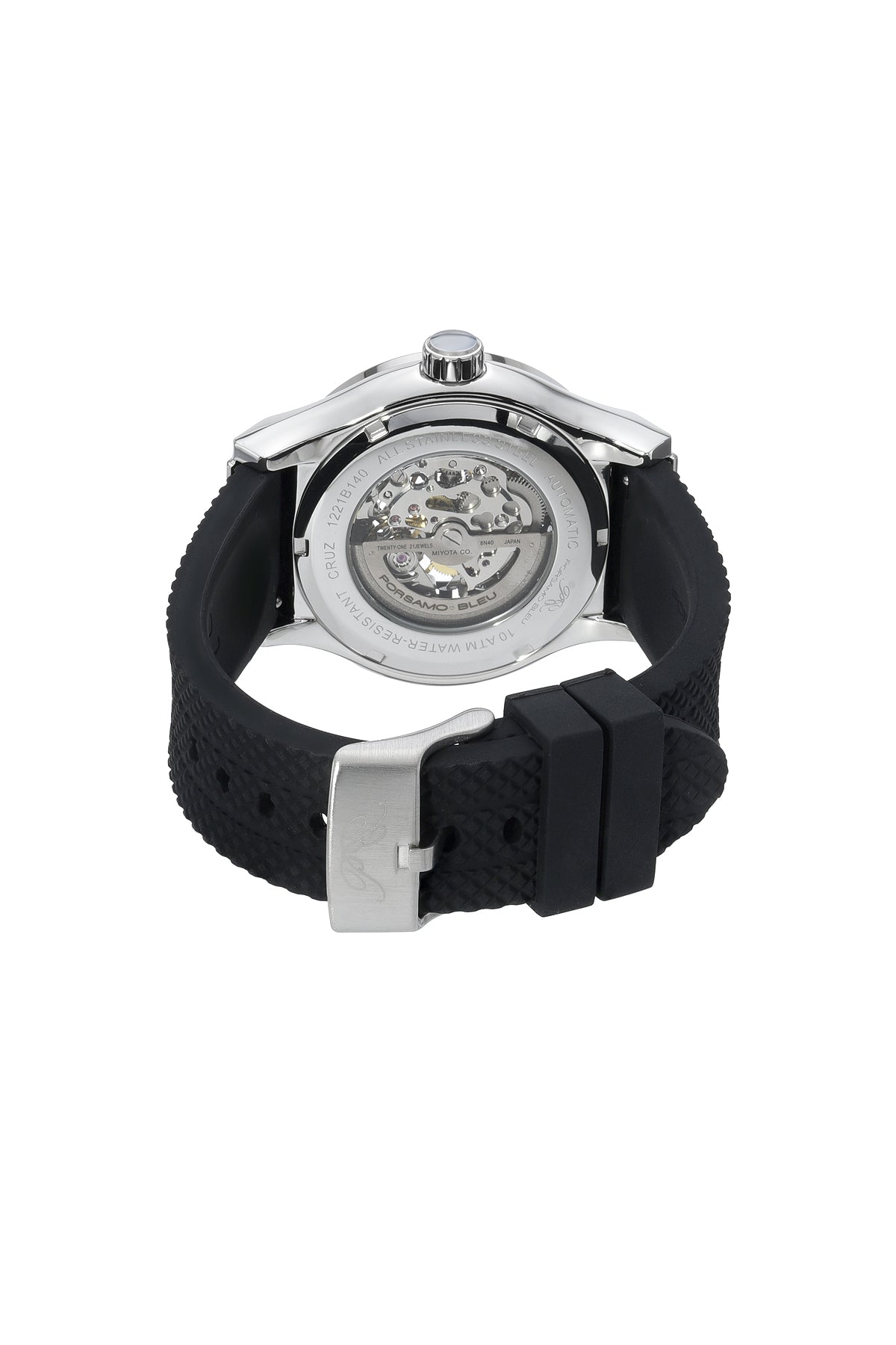 Porsamo Bleu Cruz Luxury Automatic Men's Silicone Strap Watch, With Skeleton Dial, Silver Black 1221BCRR