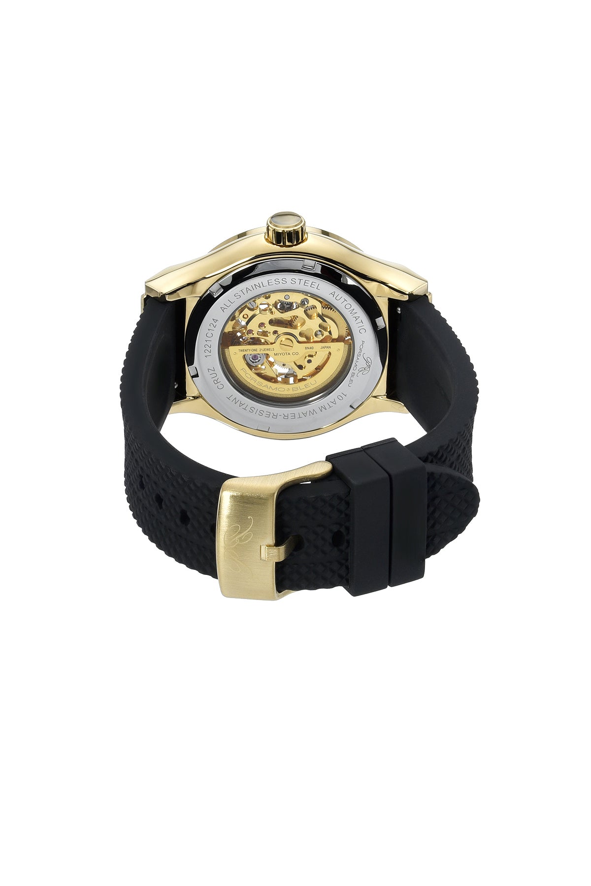 Porsamo Bleu Cruz Luxury Automatic Men's Silicone Strap Watch, With Skeleton Dial, Gold Black 1221CCRR