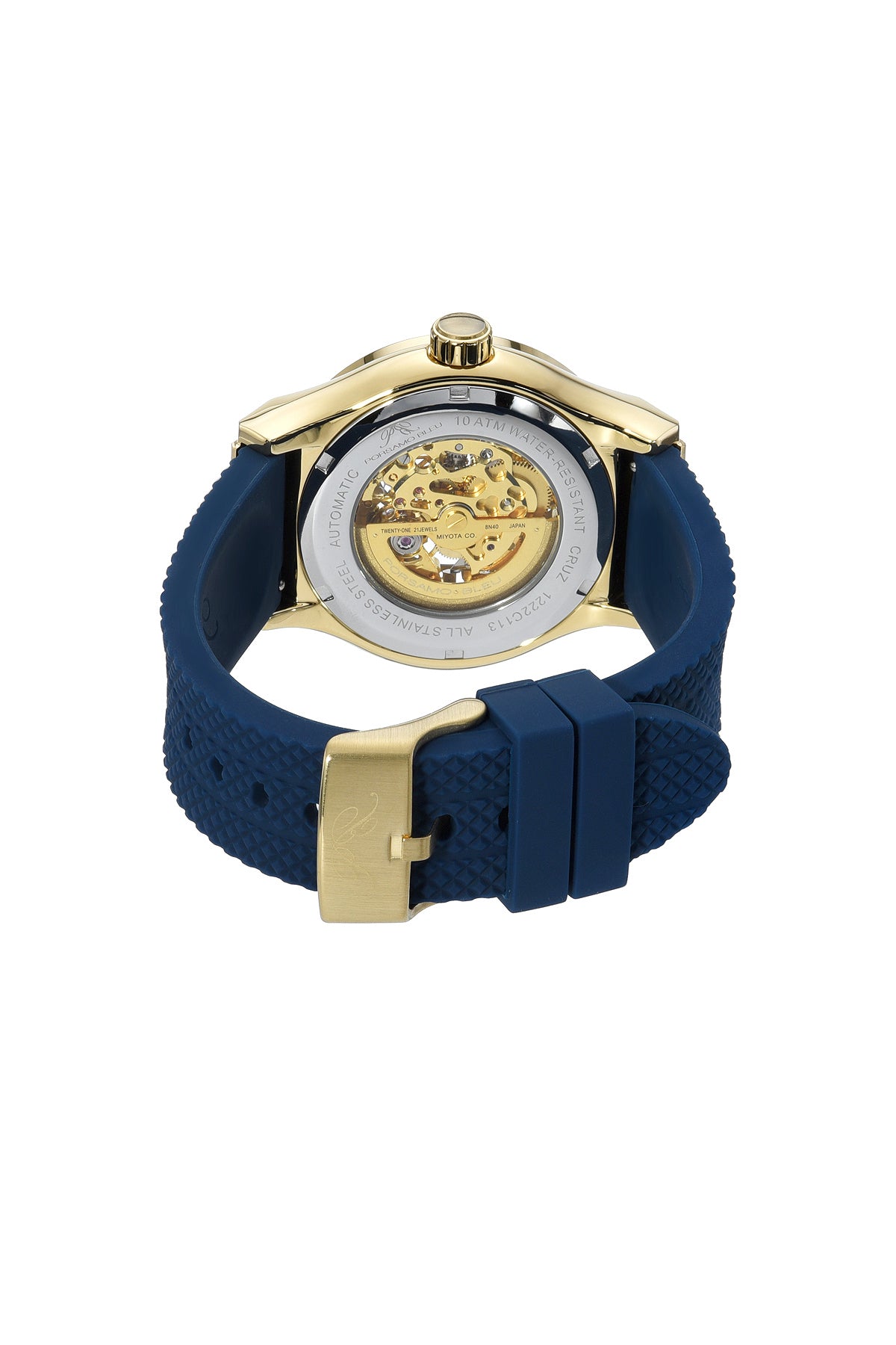 Porsamo Bleu Cruz Luxury Automatic Men's Silicone Strap Watch, With Skeleton Dial, Gold Blue 1222CCRR