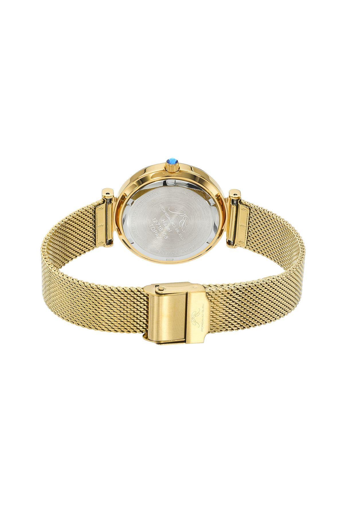 Porsamo Bleu Hazel Luxury Topaz Women's Stainless Steel Watch With White MOP Dial And Faceted Crystal Bezel, Gold, 1271BHAS