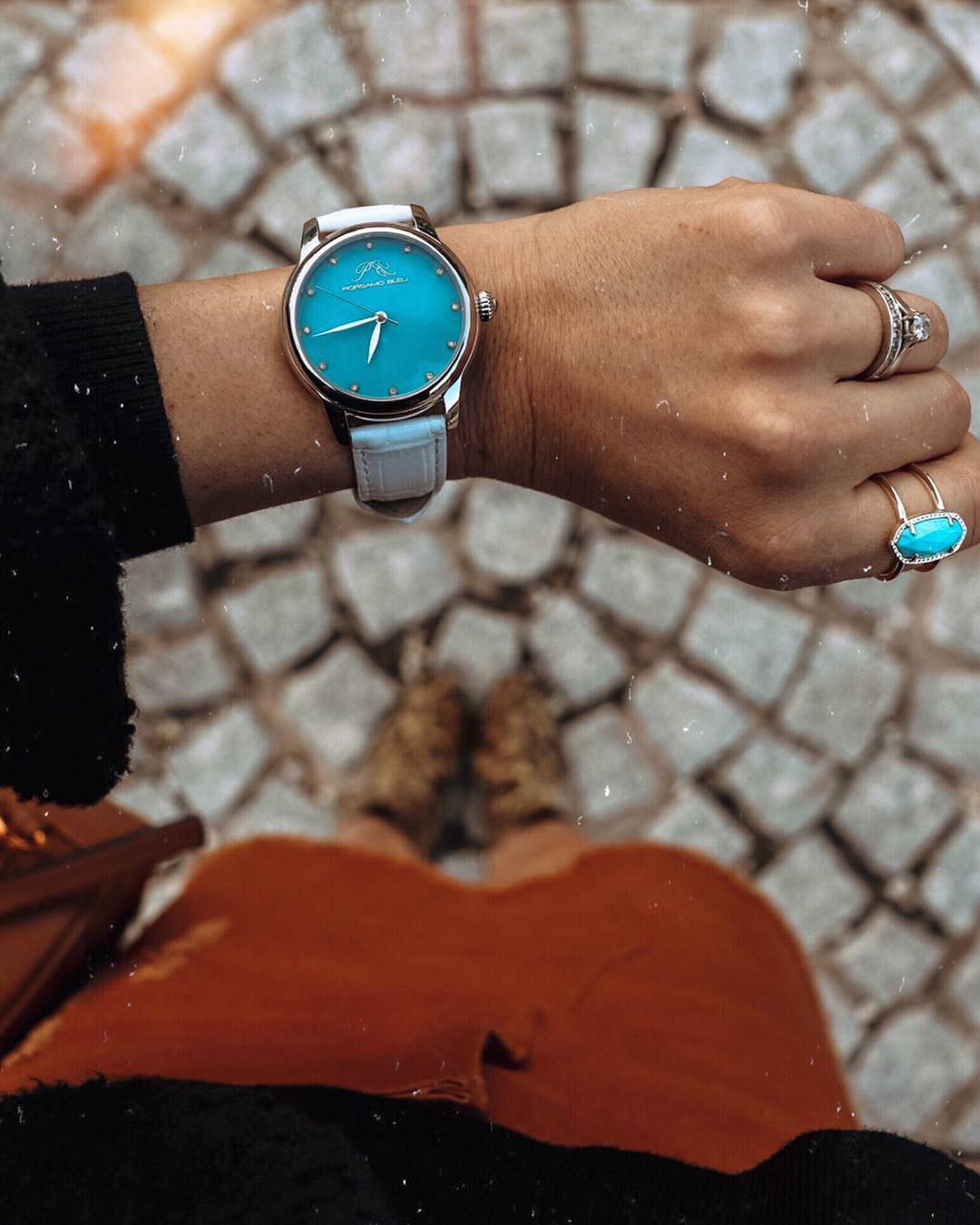 Porsamo Bleu Gemma Luxury Diamond Women's Watch, Genuine Leather Band, Silver, White, Turquoise 731AGEL