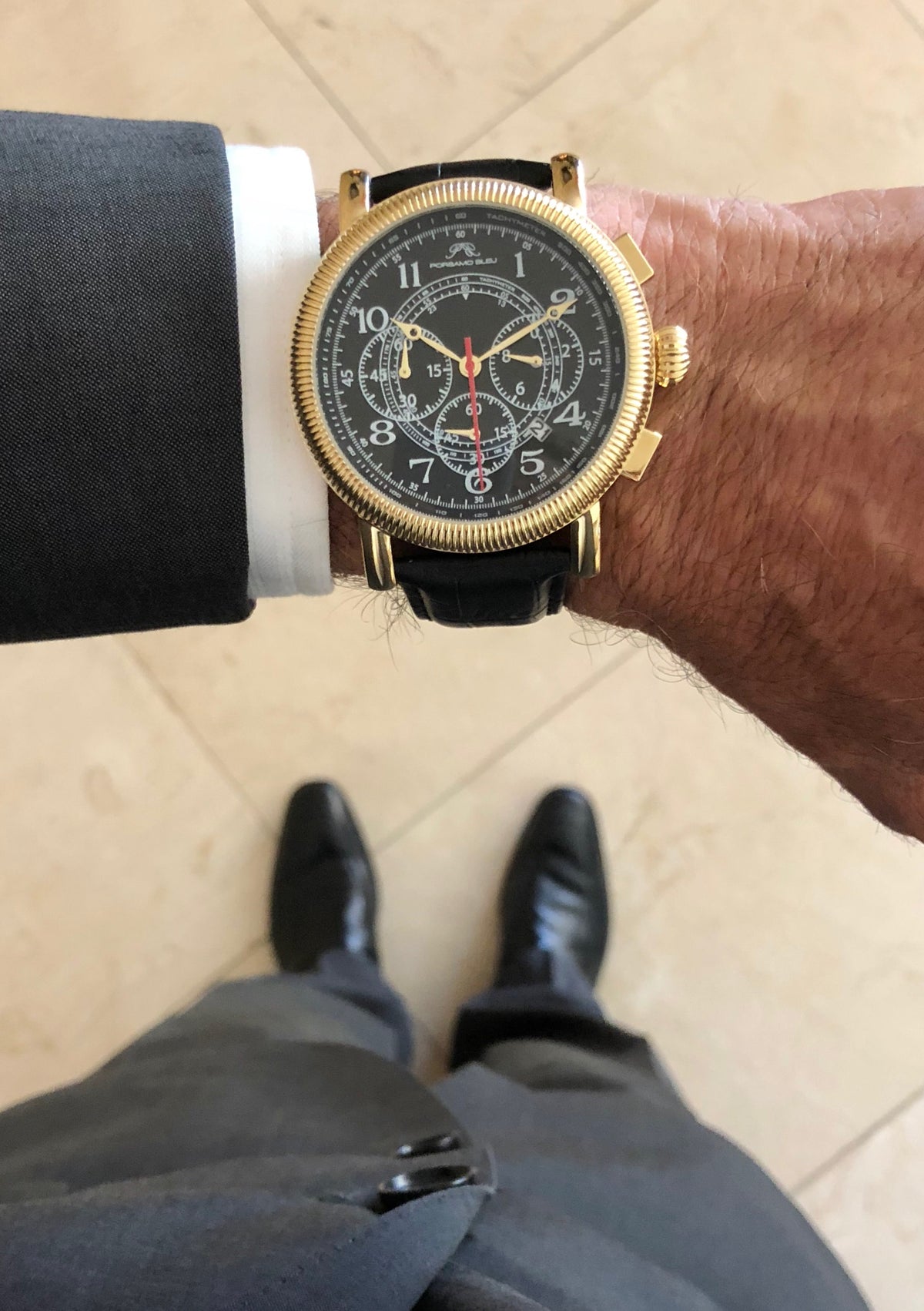 Porsamo Bleu Phileas Luxury Chronograph Men's Watch, Genuine Leather Band Gold, Black 472BPHL
