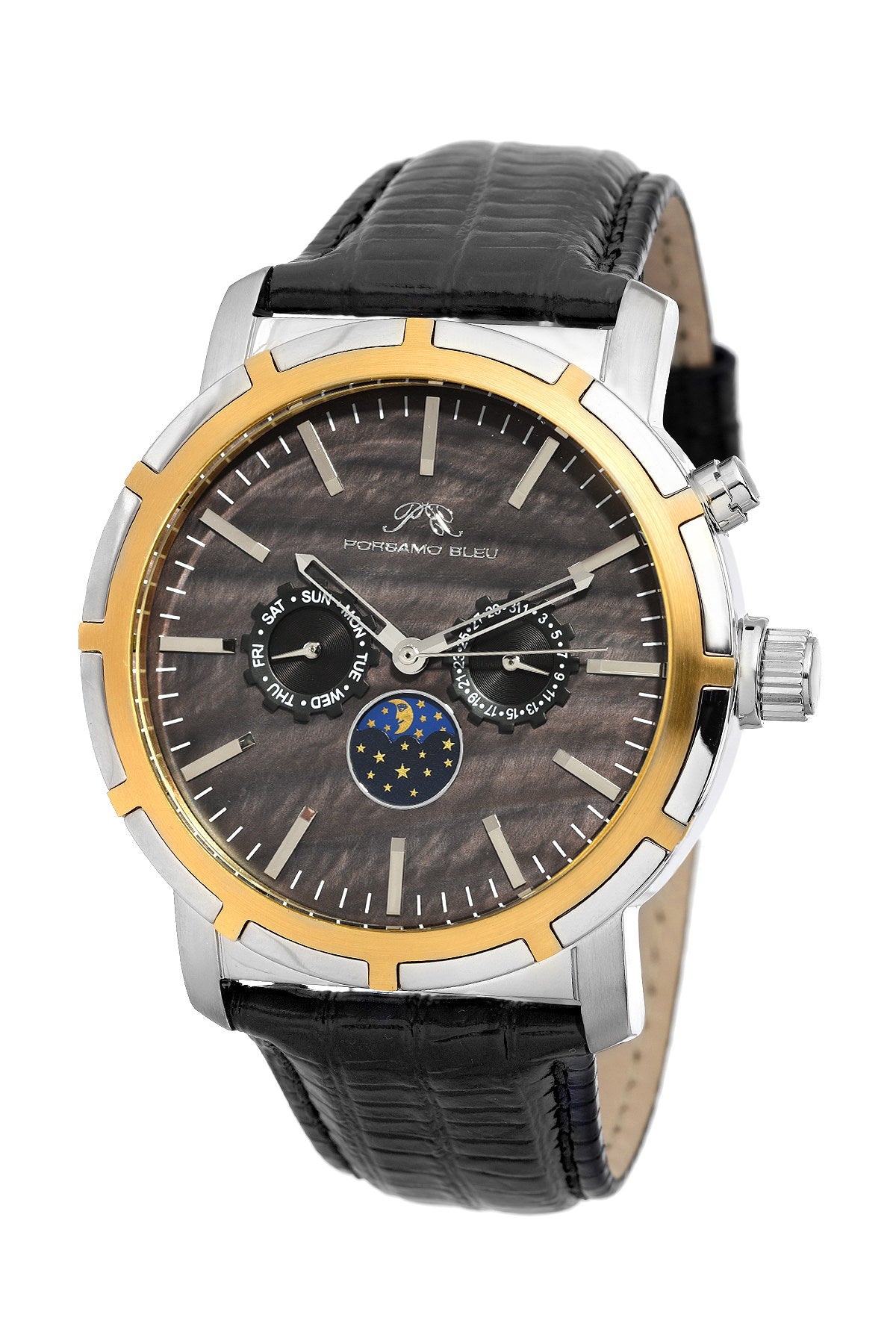 Porsamo Bleu NYC Moon luxury men's watch, genuine leather band, gold, silver, black 057DNYL