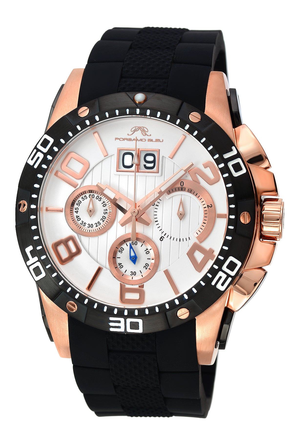 Porsamo Bleu Francoise luxury chronograph men's watch, silicone strap, silver, black 244BFRR