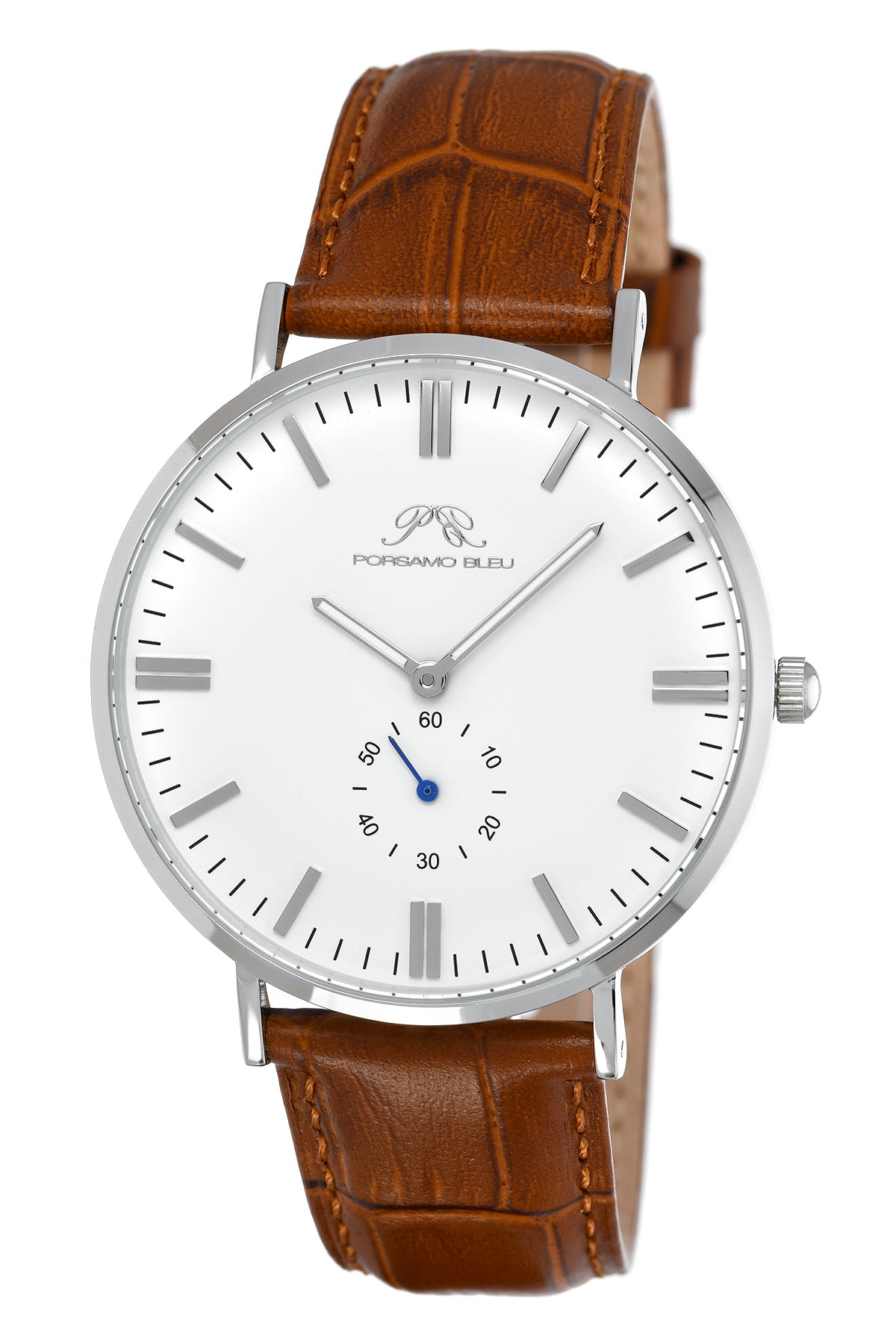 Porsamo Bleu Henry Luxury Men's Watch, Genuine Leather Band, Silver, Brown, White 841CHEL