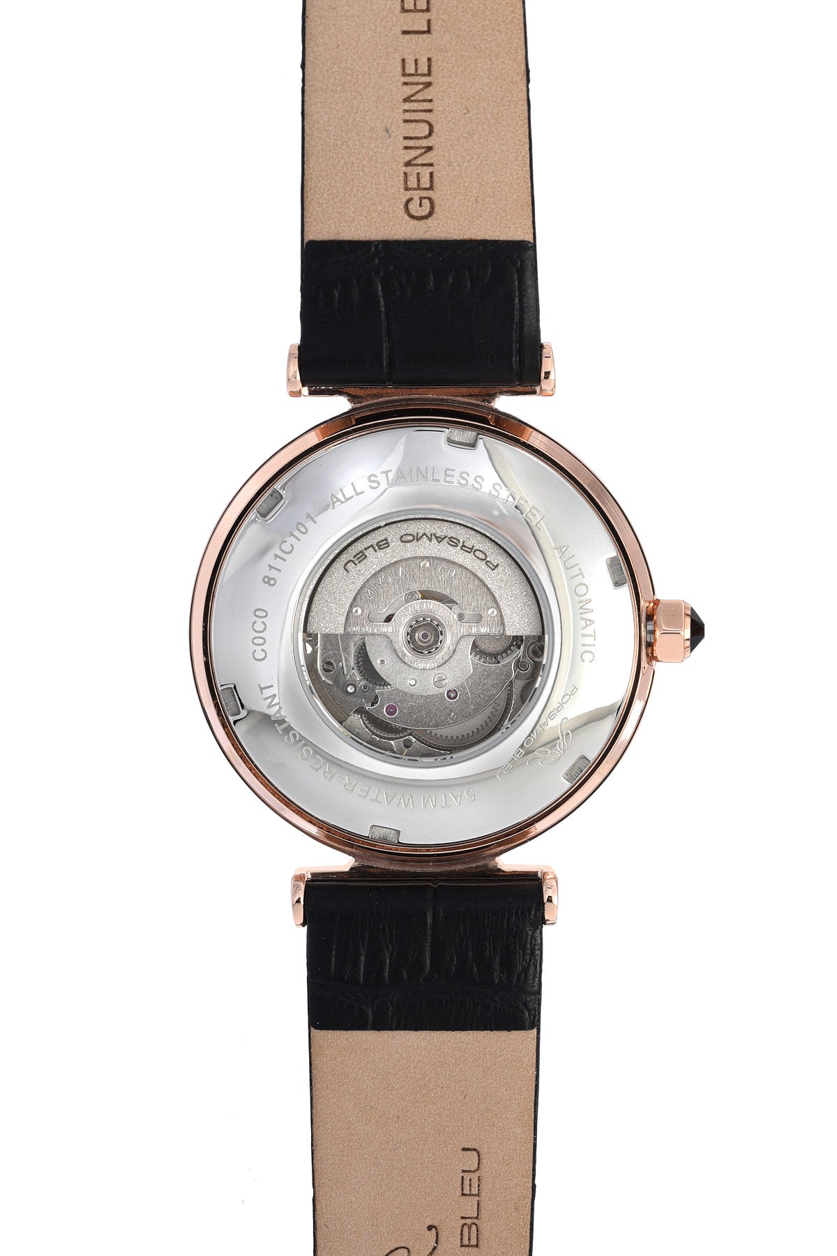 Porsamo Bleu Coco luxury automatic women's watch, genuine leather band, rose, black 811CCOL