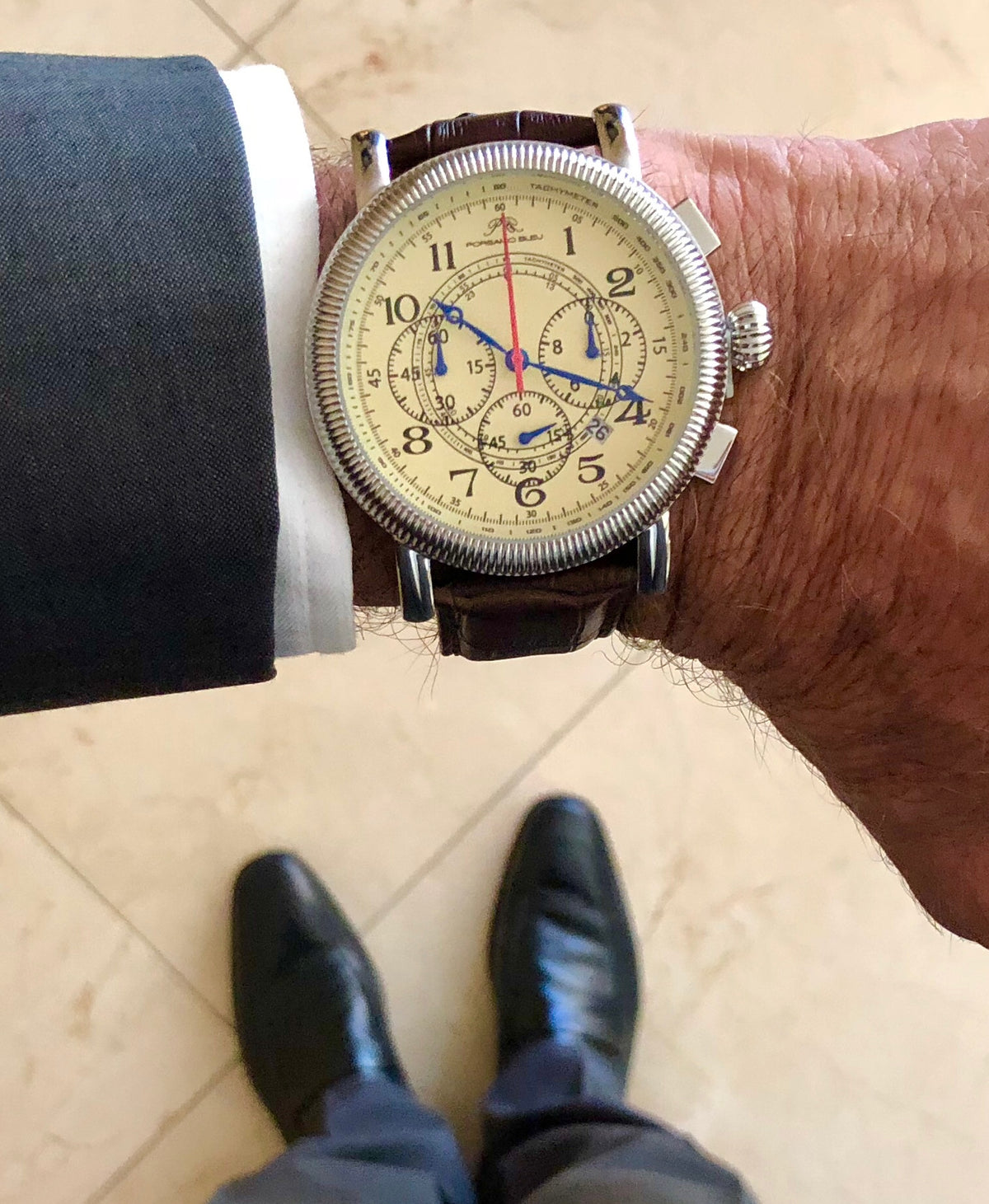 Porsamo Bleu Phileas Luxury Chronograph Men's Watch, Genuine Leather Band Silver, Brown 471APHL