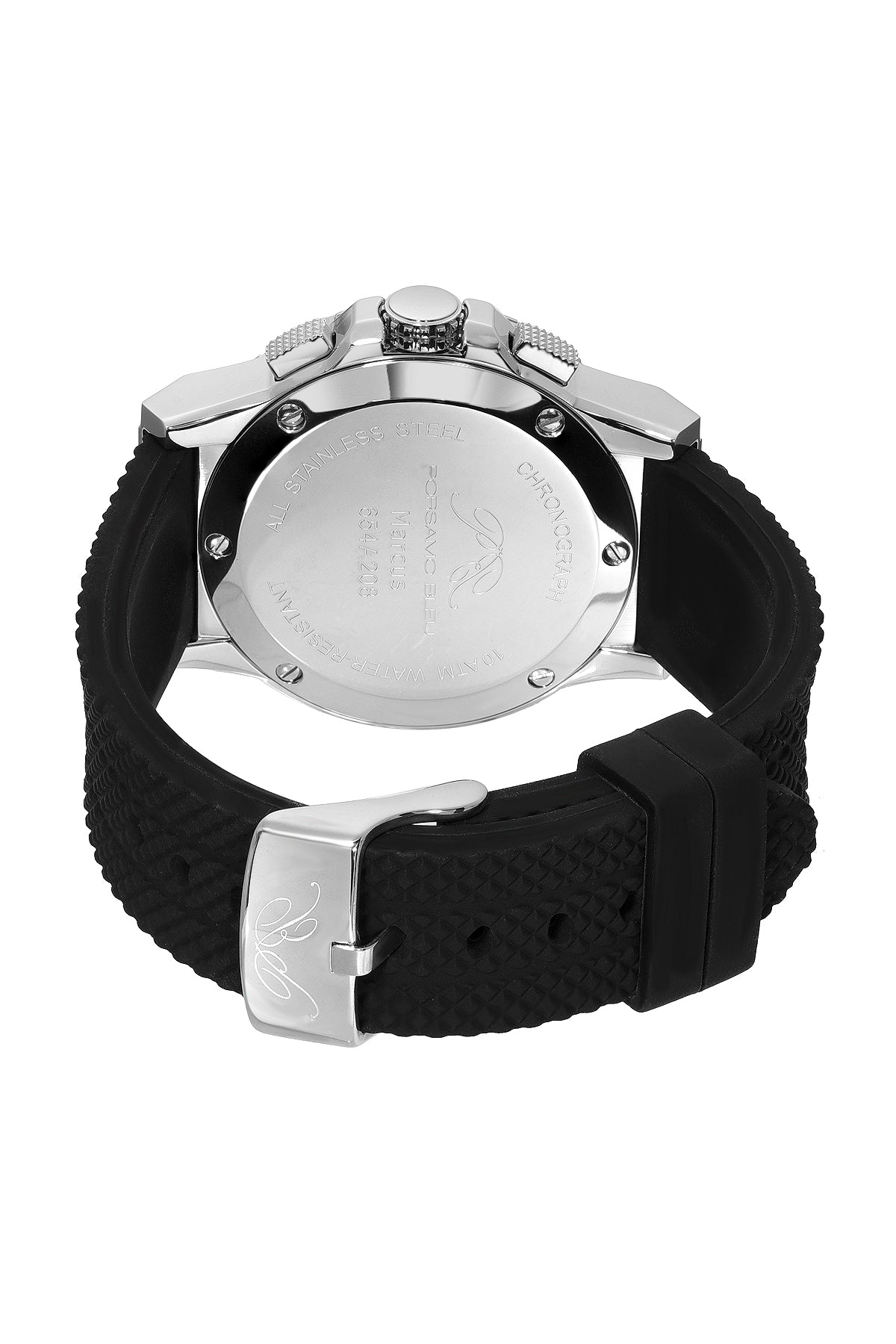 Porsamo Bleu Marcus Luxury Chronograph Men's Silicone Watch, Silver, Black 654AMAR