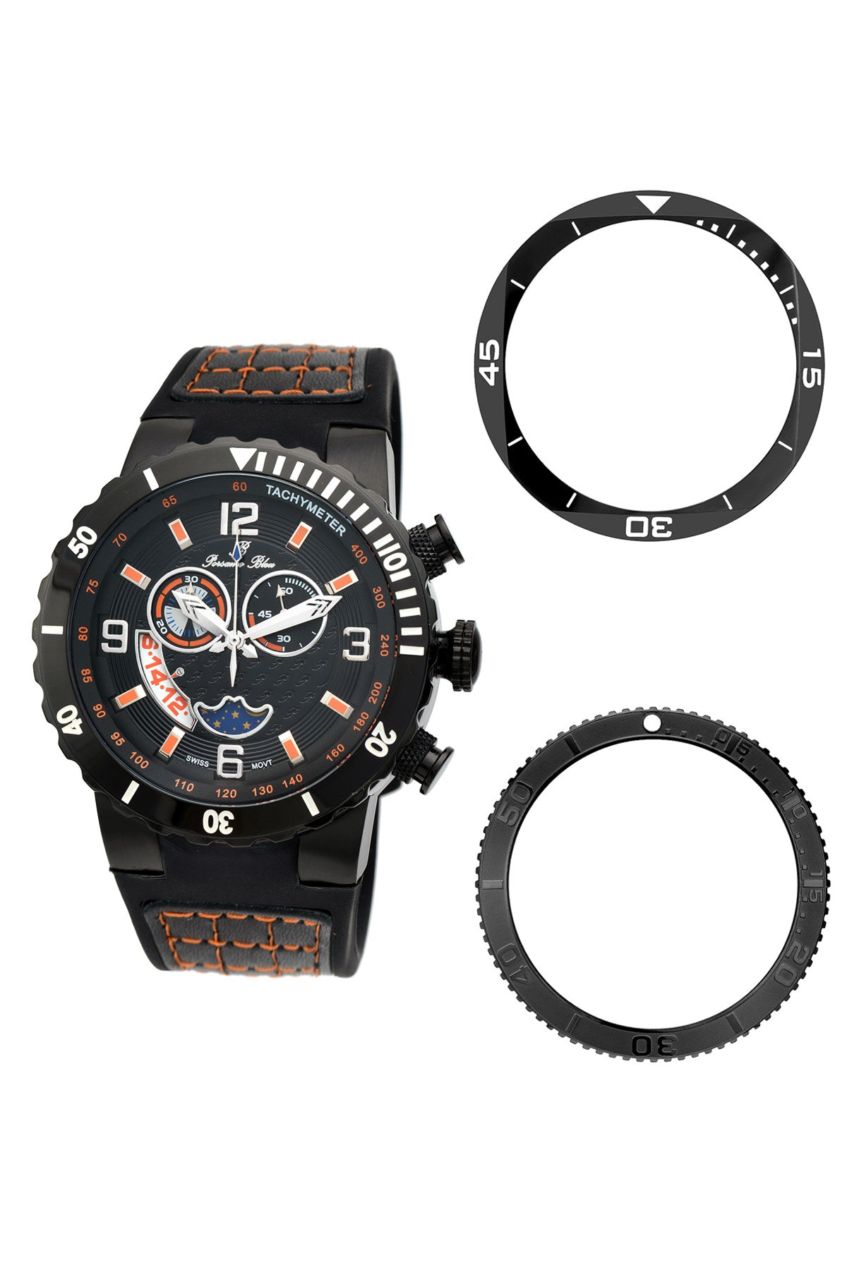 Porsamo Bleu Las Vegas Luxury Men's Watch, Silicone Strap, Interchangeable Bezels, Black 114DLVR