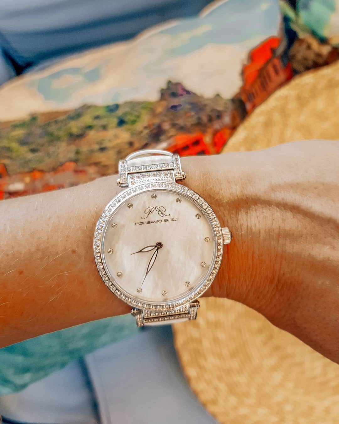 Porsamo Bleu Chantal Luxury Topaz Women's Watch, Satin Covered Genuine Leather Silver, White 673ACHL