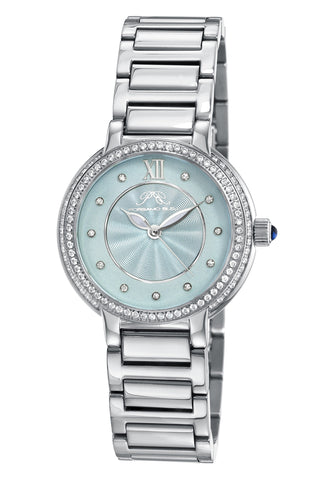 Porsamo Bleu Stella Luxury Crystal Womens Stainless Steel Watch, Silver With Baby Blue Guilloche And Sunray Dial 1191ESTS