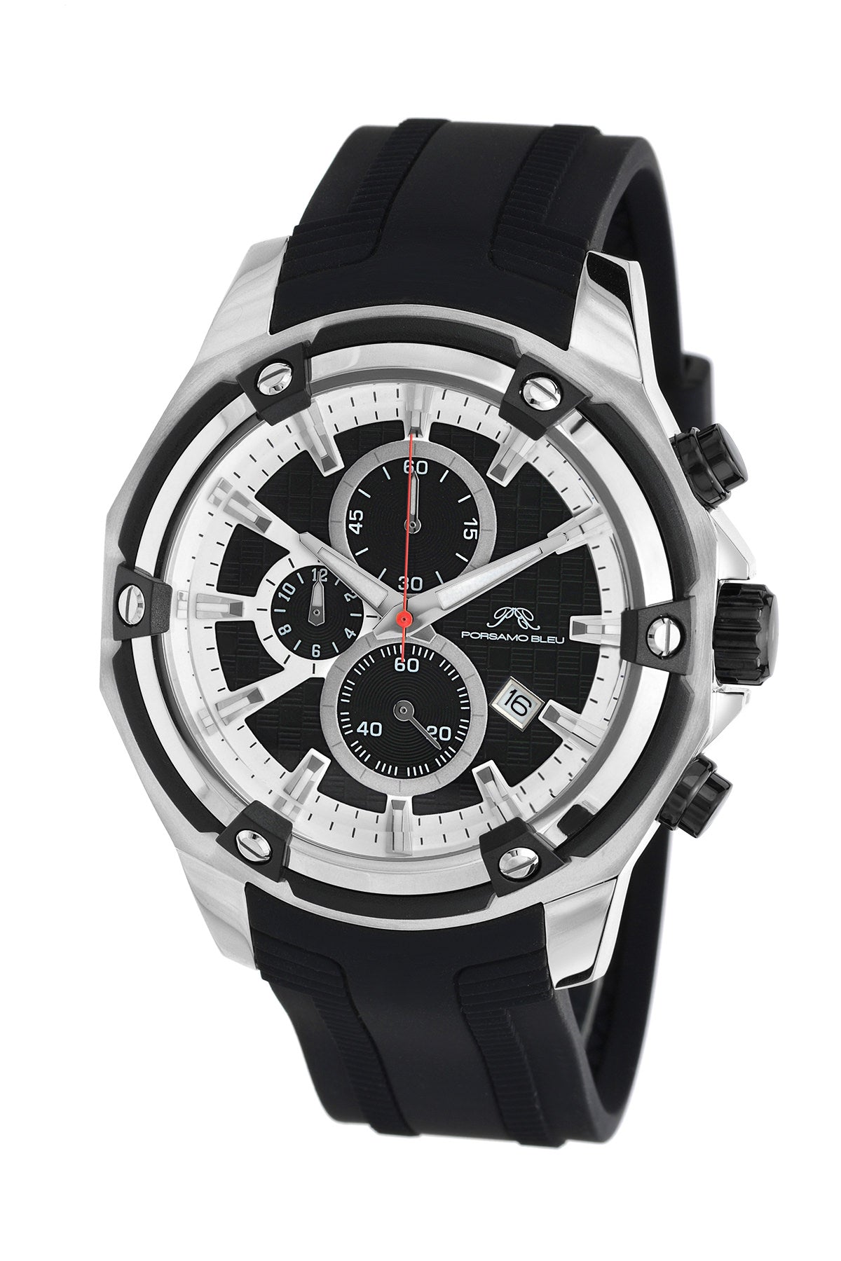 Porsamo Bleu Stavros luxury chronograph men's watch, silicone strap, silver, black 482BSTR