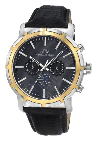 Porsamo Bleu NYC Chrono Luxury Men's Genuine Leather Chronograph Watch With Black MOP Dial, Two-tone, 1281DNYL