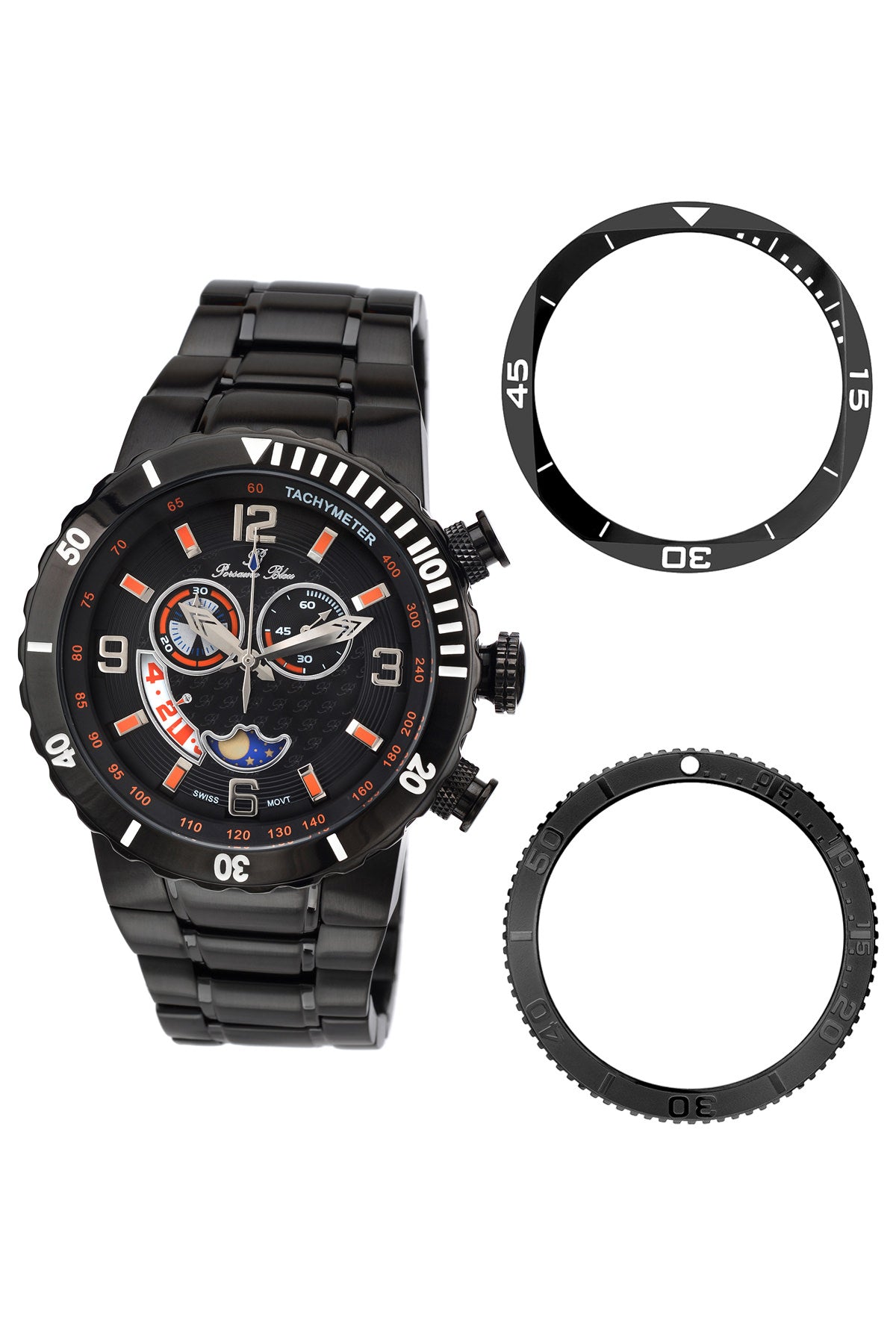 Porsamo Bleu Las Vegas Luxury Men's Stainless Steel Watch, Interchangeable Bezels, Black 111DLVS