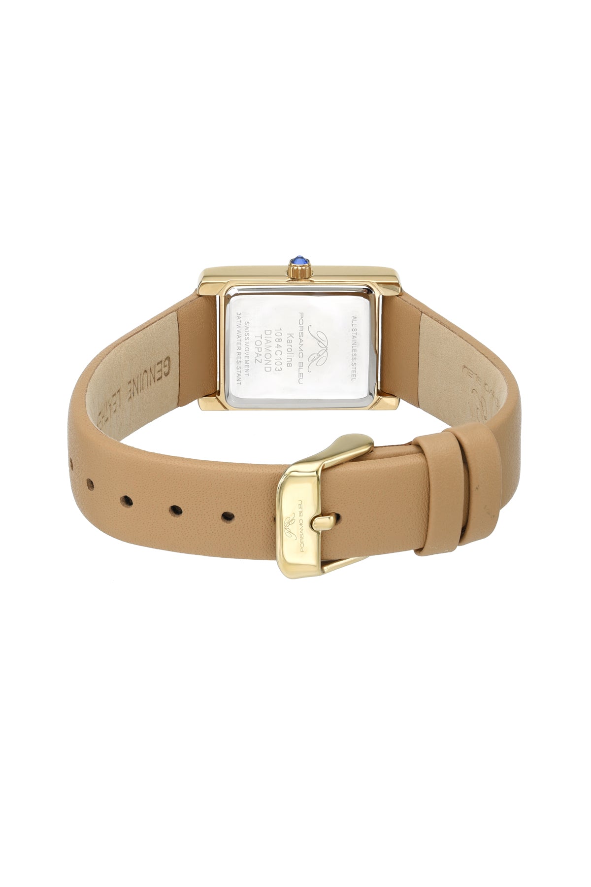 Porsamo Bleu Karolina luxury diamond topaz rectangular women's genuine leather band watch, gold, cognac 1084CKAL