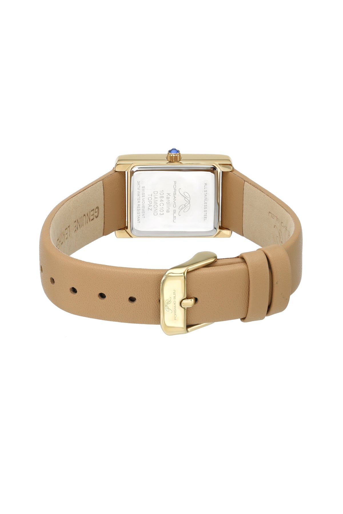 Porsamo Bleu Karolina Luxury Diamond And Topaz Rectangular Women's Genuine Leather Band Watch, Gold, Cognac 1084CKAL