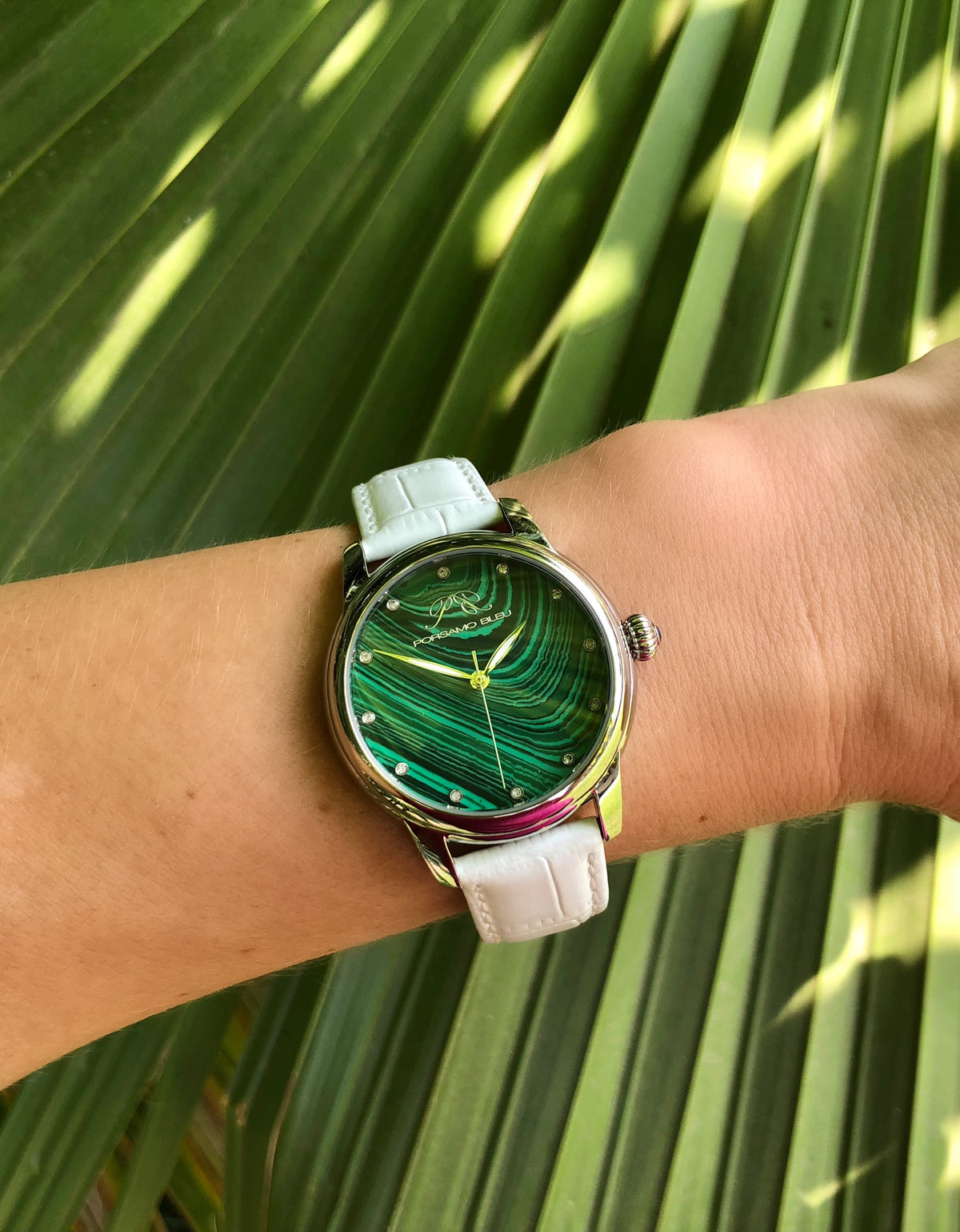 Porsamo Bleu Gemma Luxury Diamond Women's Watch, Genuine Leather Band, Gold, White, Malachite 732CGEL