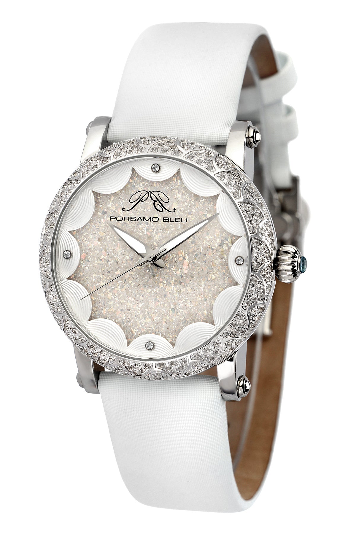 Porsamo Bleu Genevieve Luxury Topaz Women's Watch Satin Leather Watch, Silver, White 681AGEL