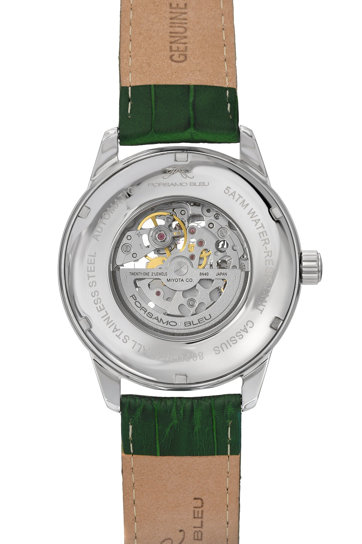 Porsamo Bleu Cassius luxury automatic men's watch, genuine leather band, silver, green 802DCAL